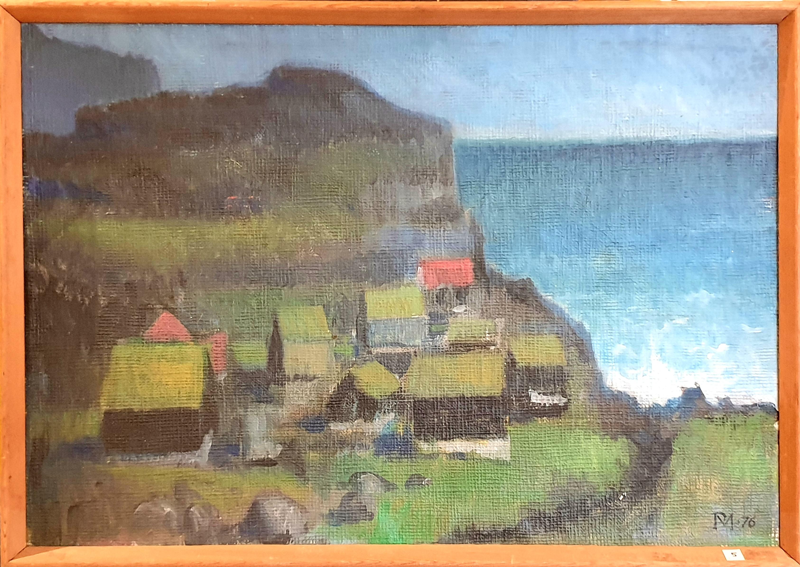 Landscape Painting Poul Møller  - Huile sur panneau danoise du milieu du siècle, Colorfield, représentant des maisons dans une scène côtière