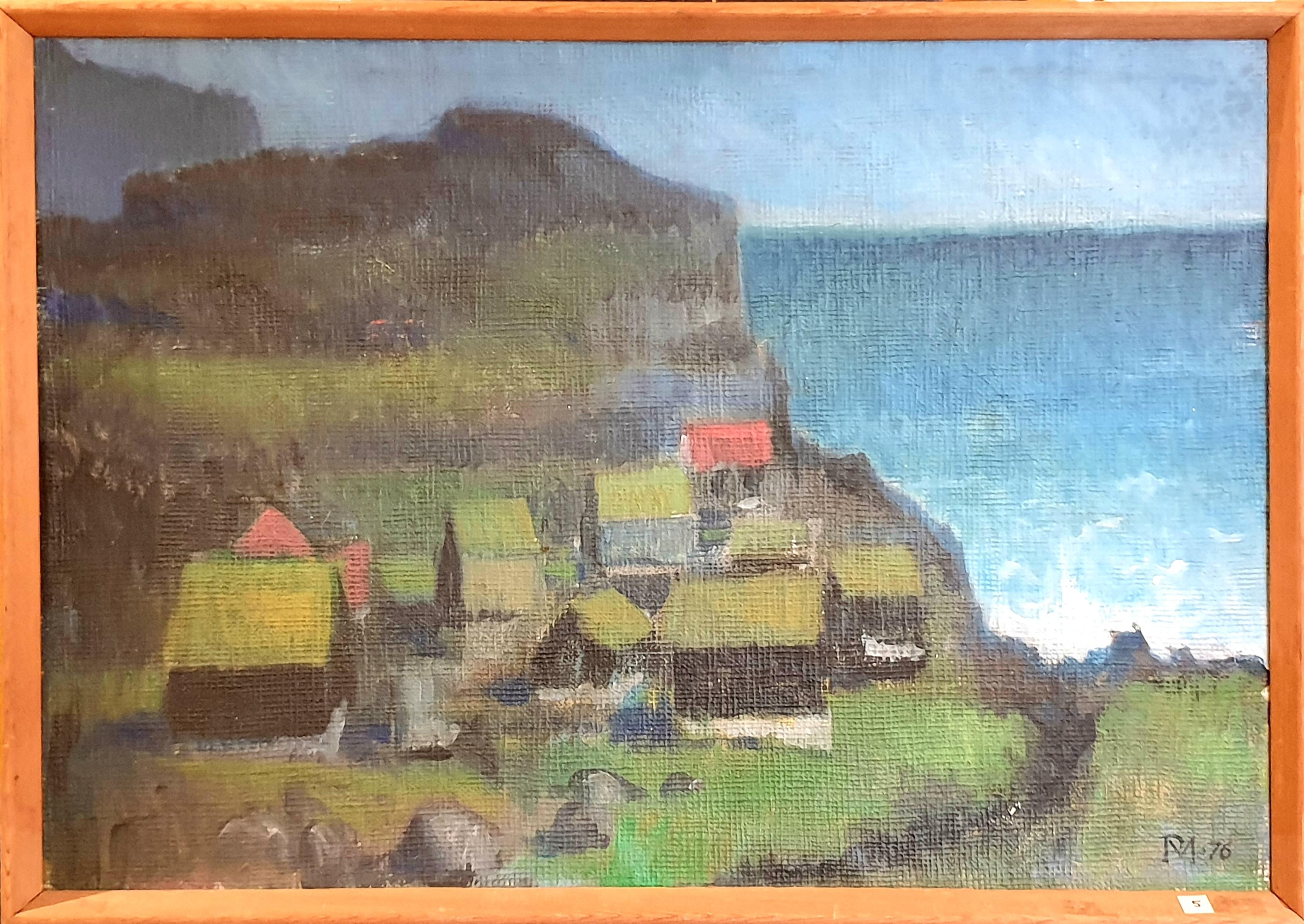 Poul Møller  Landscape Painting - Danish Mid-Century Colourfield Oil on Board of Houses in a Coastal Scene.