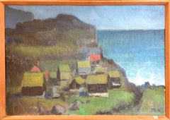 Vintage Danish Mid-Century Colourfield Oil on Board of Houses in a Coastal Scene.