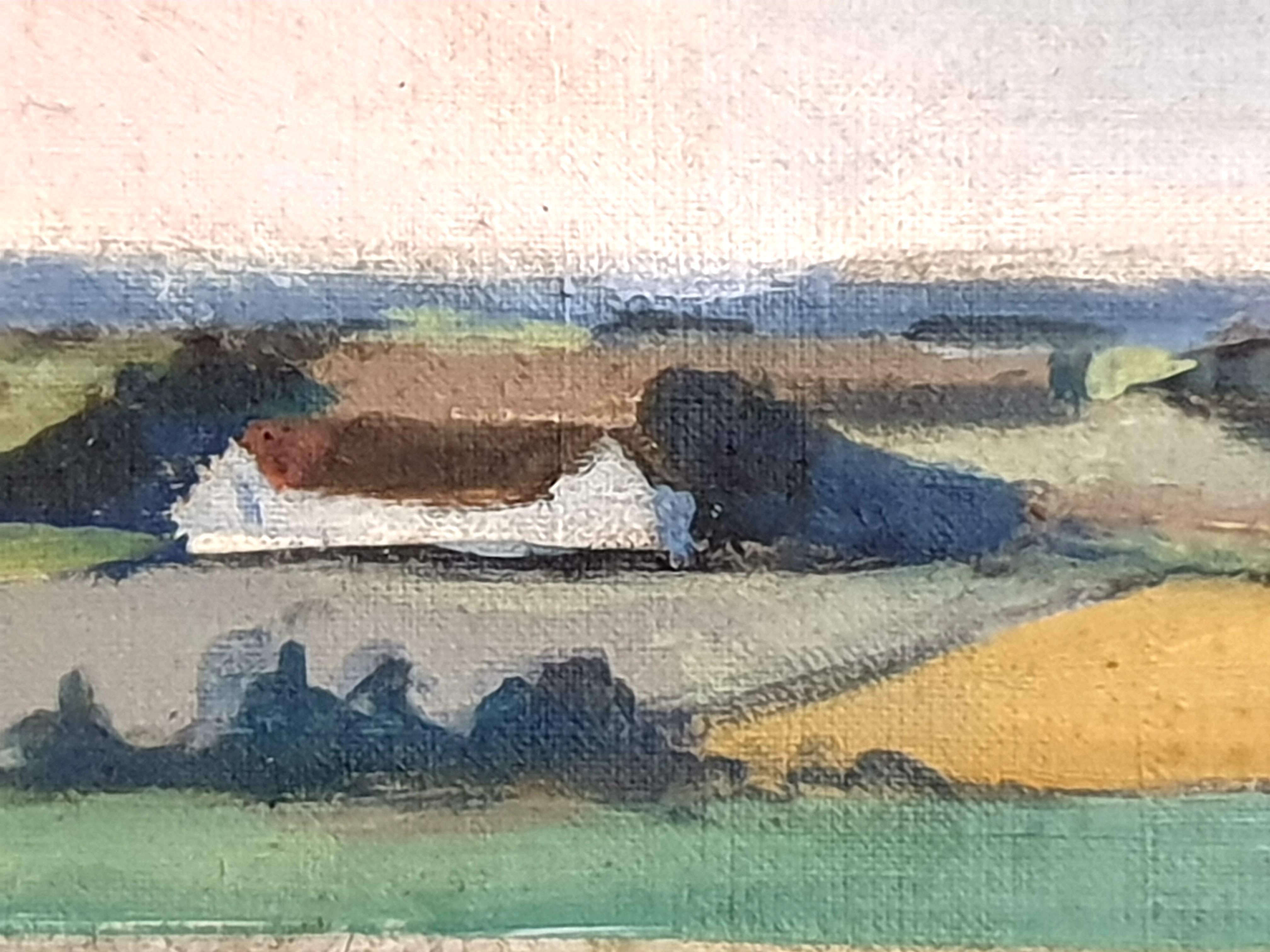 Danish oil on board Colourfield painting of a landscape by Poul Møller. The painting is initial signed and dated bottom right. Presented in a plain silvered wood frame. There is an exhibition label to the backboard.

Provenance: Acquired directly