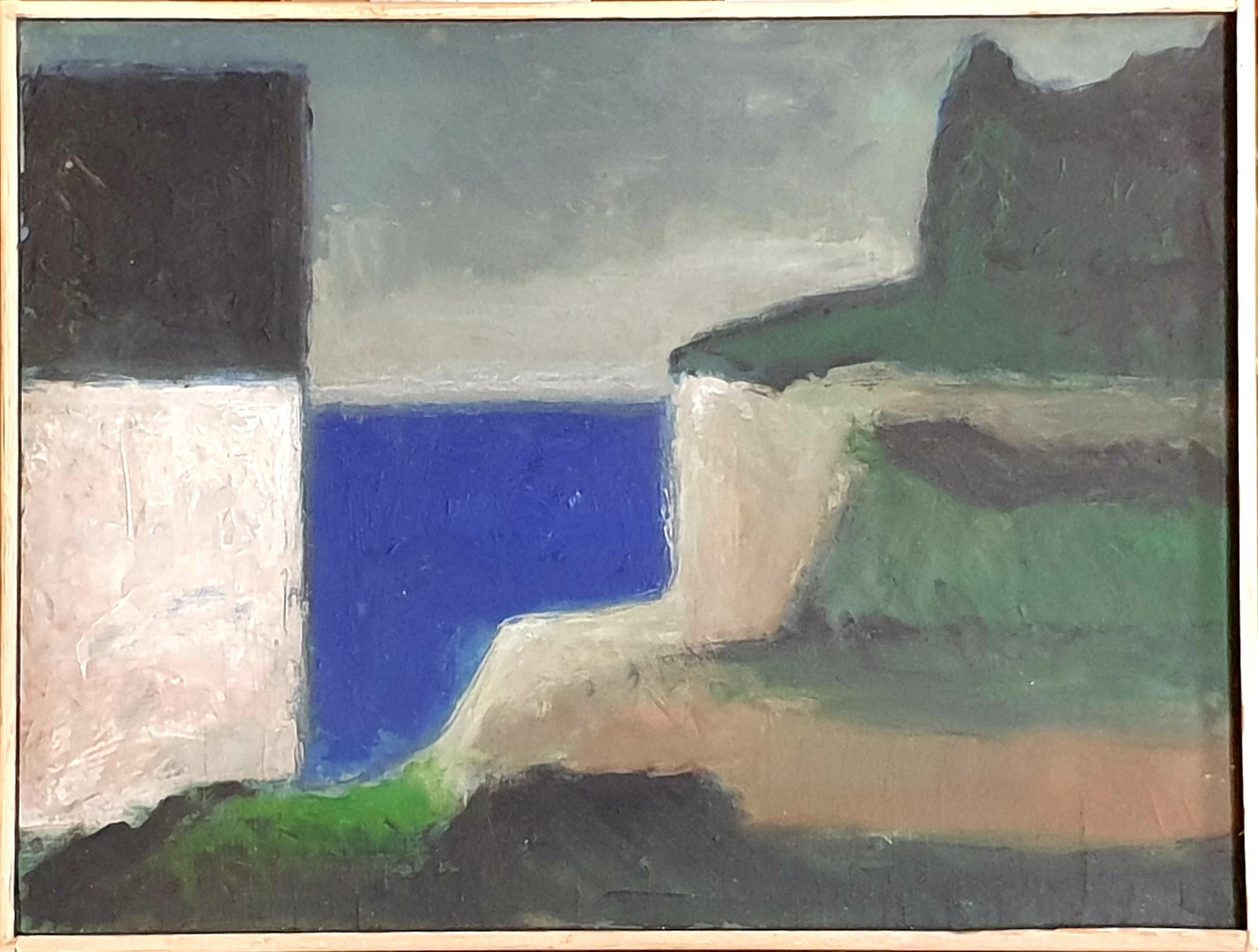 Poul Møller Abstract Painting - Danish Colourfield Oil on Board of a House by Cliffs and Seascape.