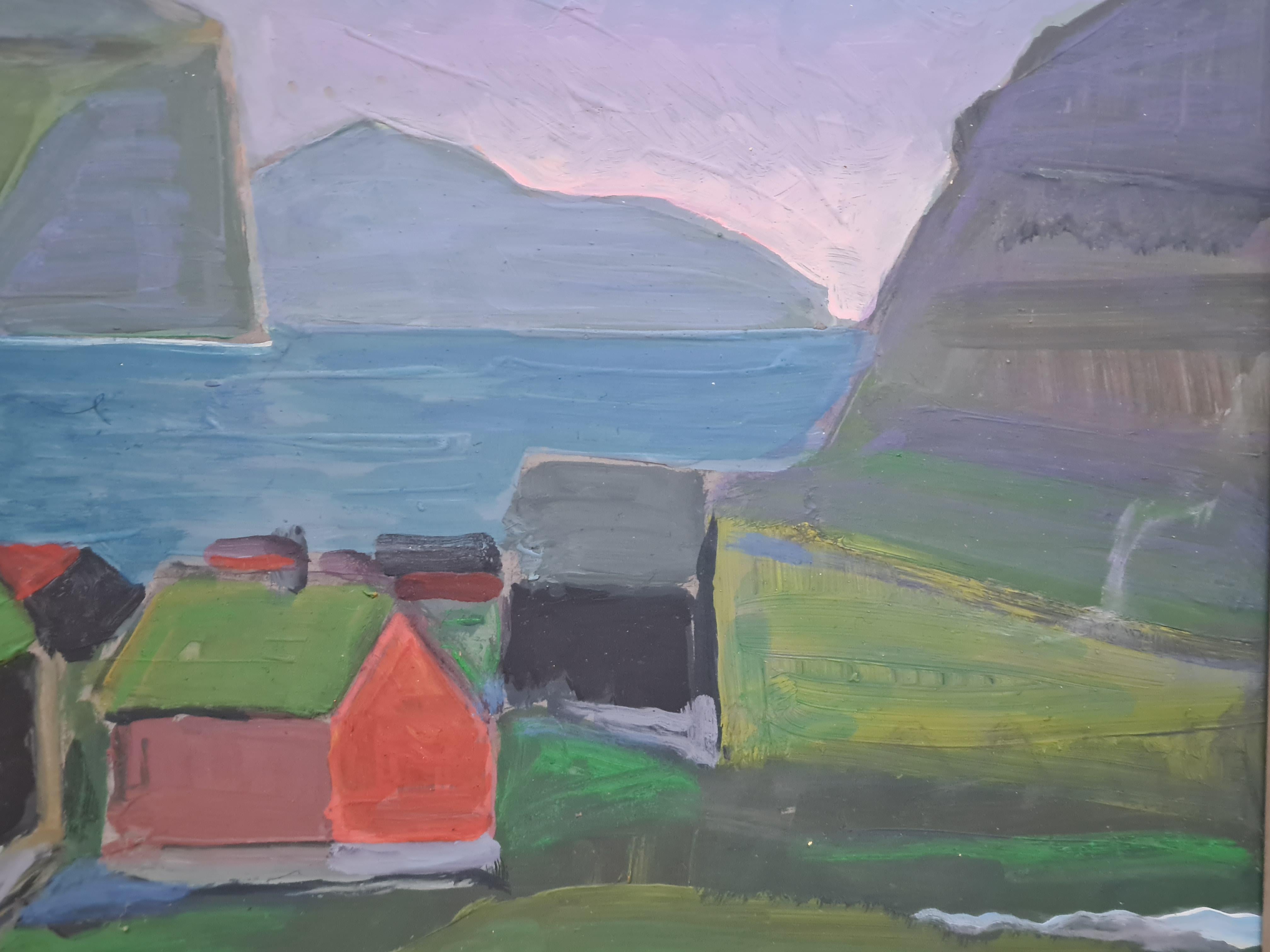 Dänische Farbfeldlandschaft aus der Mitte des Jahrhunderts in Öl, Fiskebodar, Die Fischenhütten. (Expressionismus), Painting, von Poul Møller