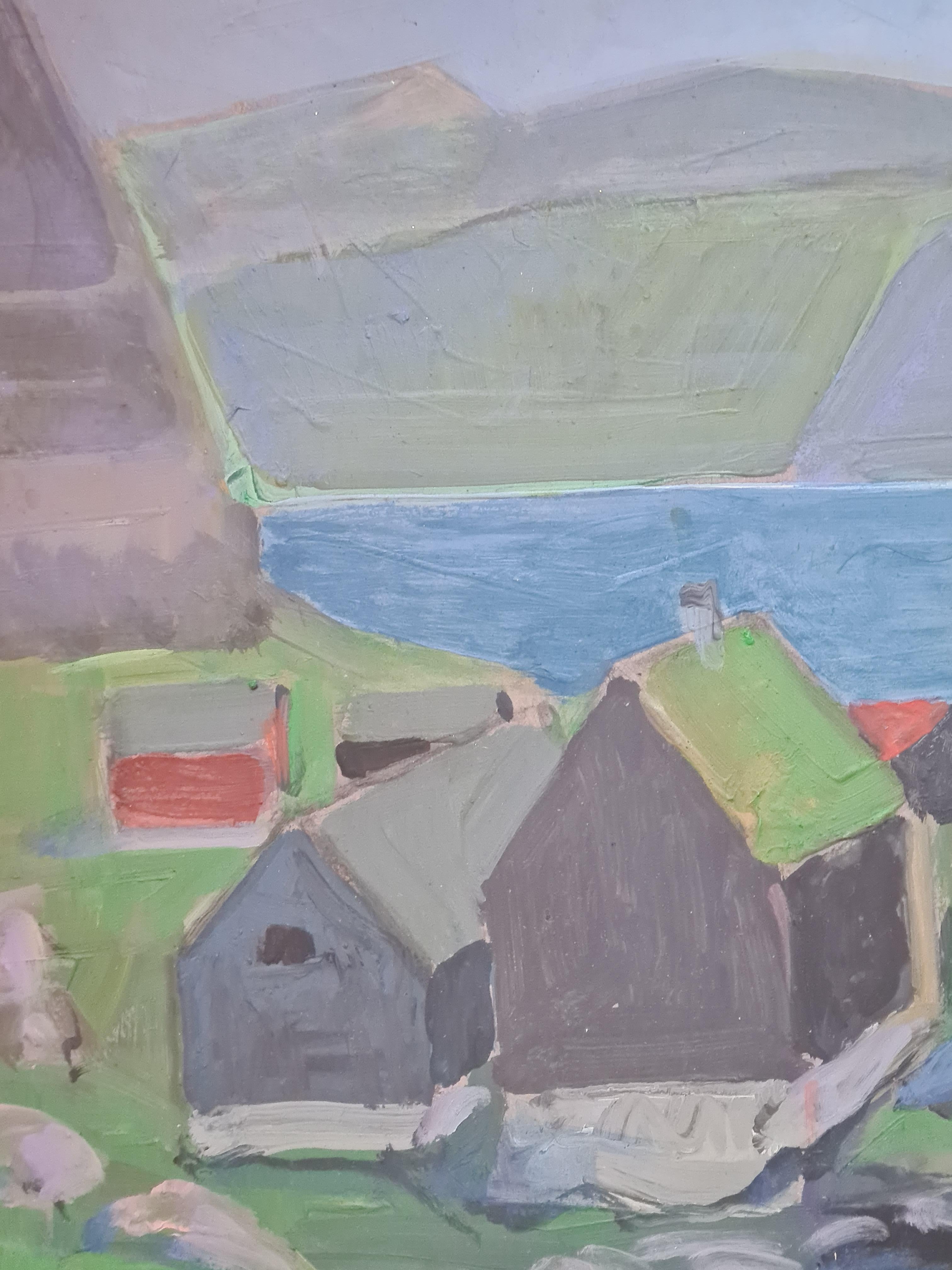 Dänisches Öl auf Karton aus der Mitte des Jahrhunderts Colourfield-Landschaft mit Fischerhütten und Meereslandschaft von Poul Møller. Das Gemälde ist signiert und datiert unten rechts. Präsentiert in einem schlichten versilberten
