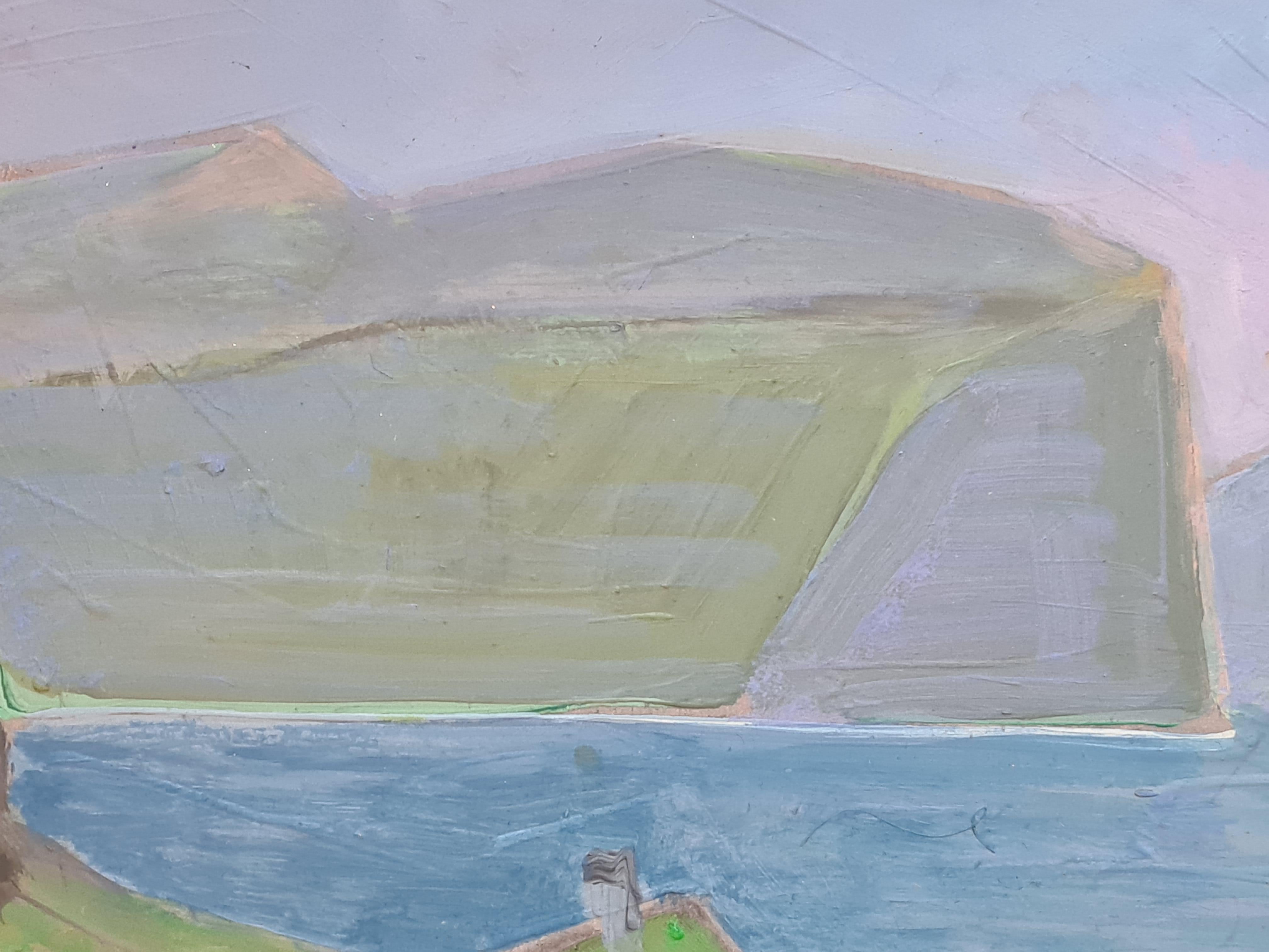 Danish Mid Century Colourfield Landscape in Oil, Fiskebodar, The Fishing Huts. For Sale 1