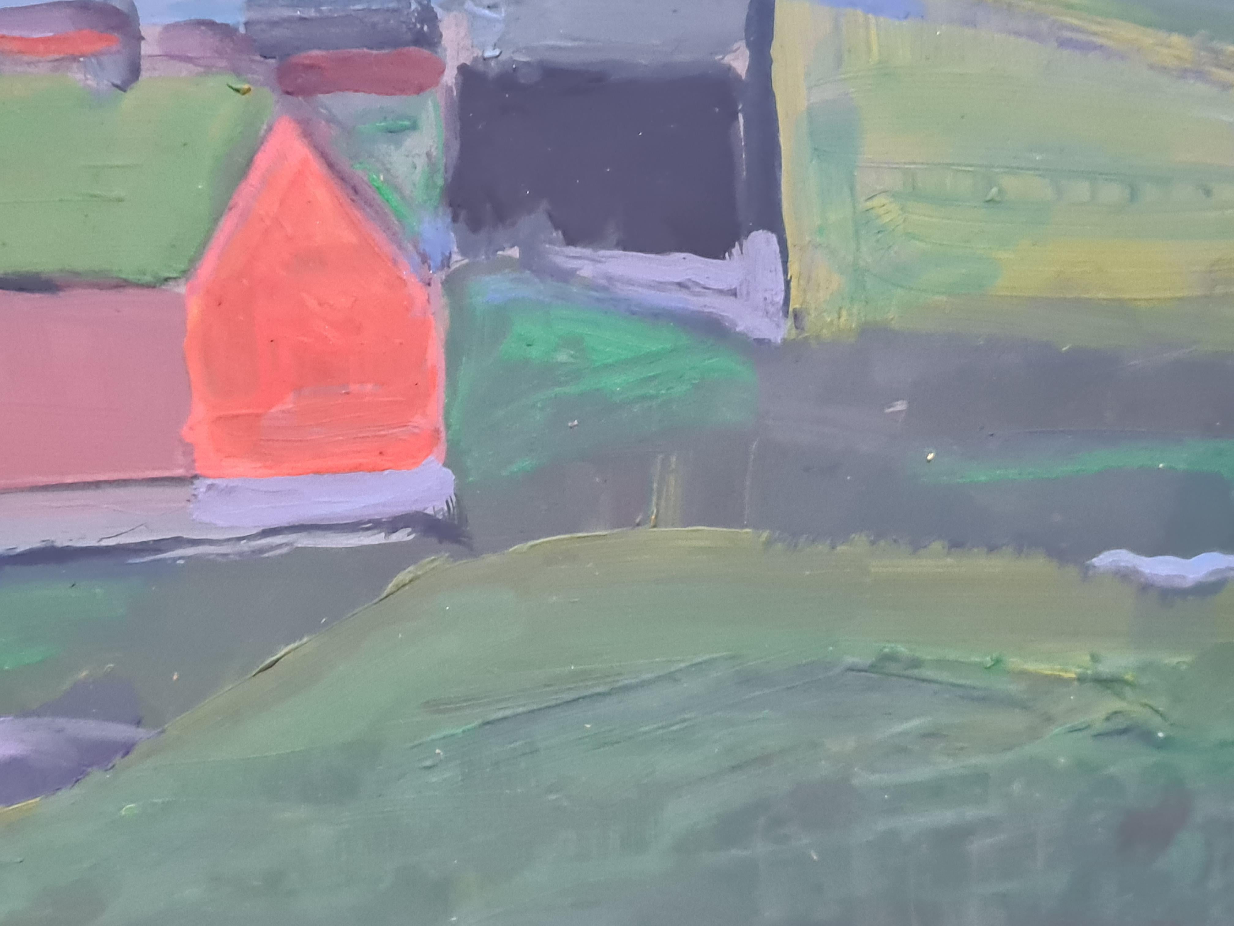 Danish Mid Century Colourfield Landscape in Oil, Fiskebodar, The Fishing Huts. For Sale 3