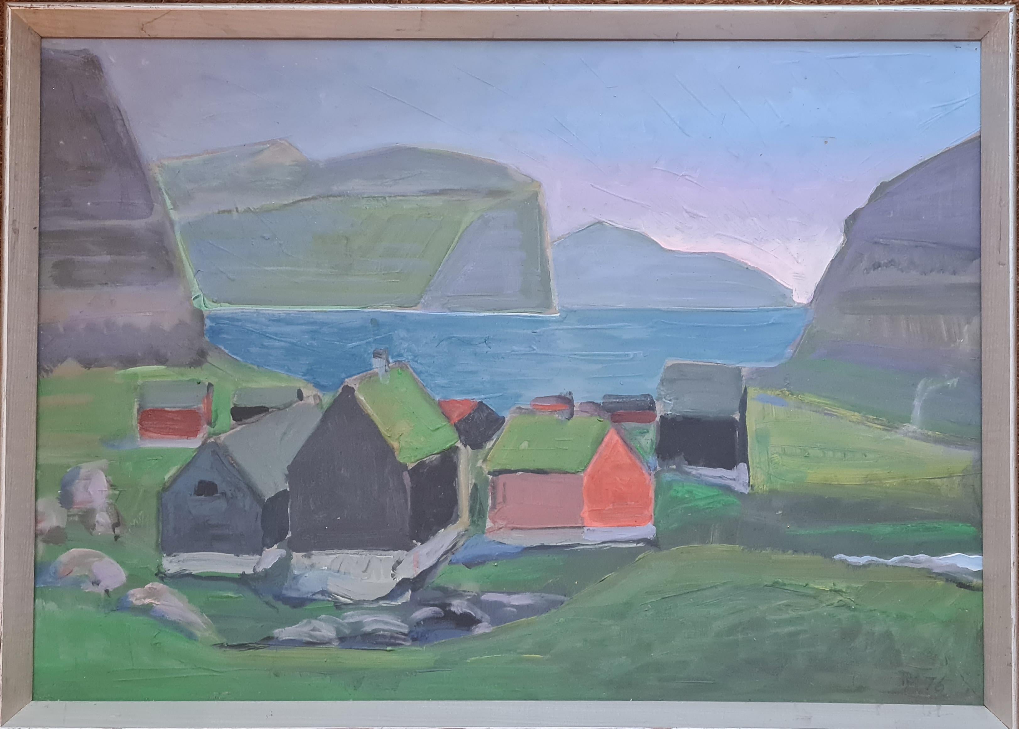 Poul Møller Landscape Painting – Dänische Farbfeldlandschaft aus der Mitte des Jahrhunderts in Öl, Fiskebodar, Die Fischenhütten.