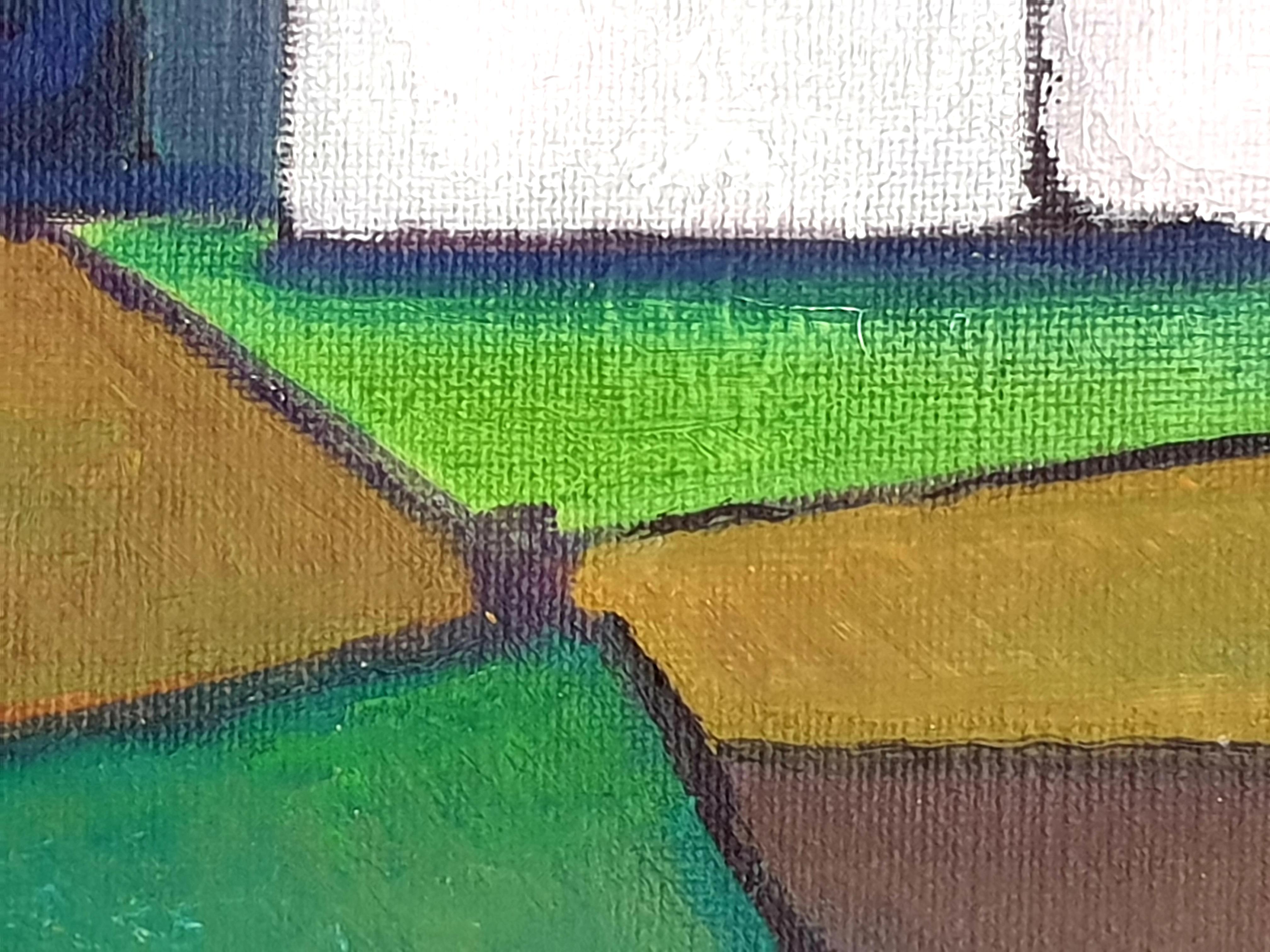 Danish Mid-Century Colourfield Oil on Board of a House in a Landscape. 7