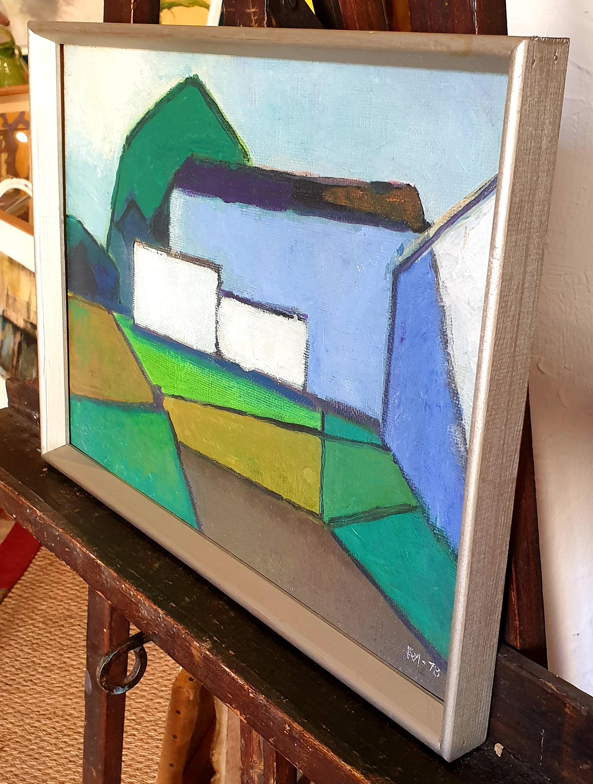 Danish Mid-Century Colourfield Oil on Board of a House in a Landscape. 11