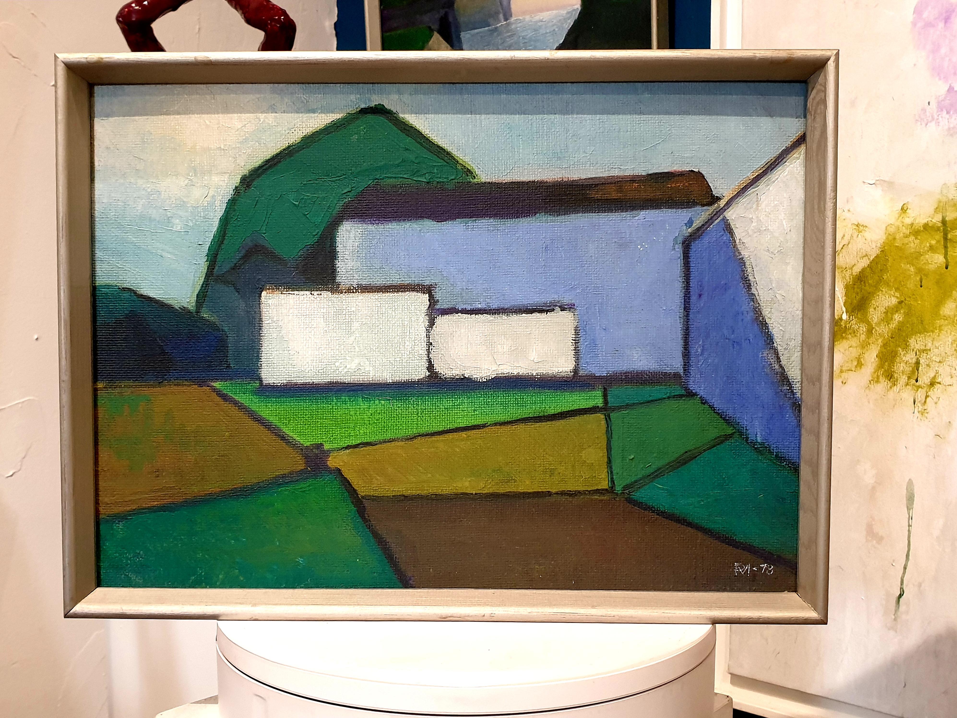 Danish Mid-Century Colourfield Oil on Board of a House in a Landscape. 12