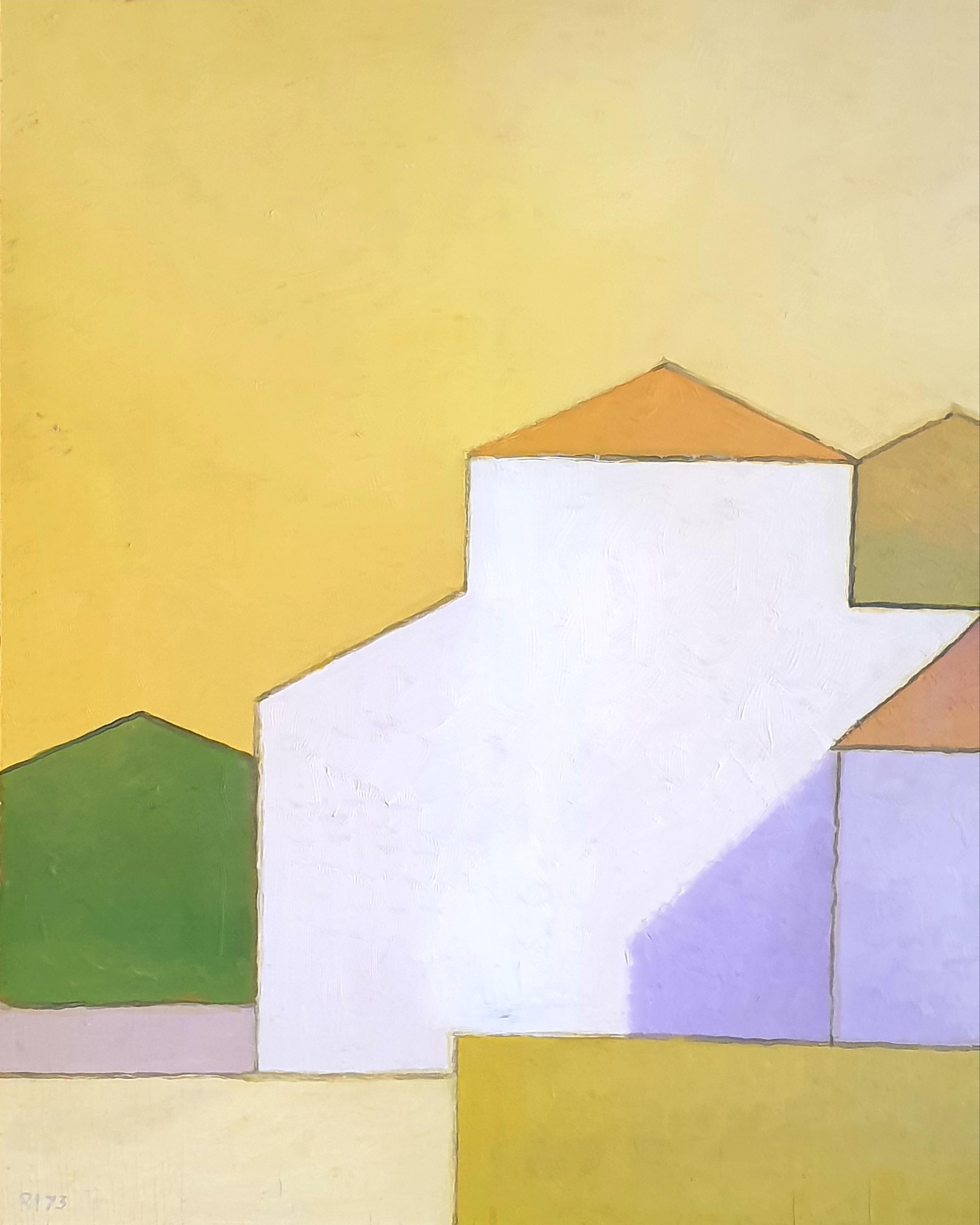Danish Mid-Century Colourfield Oil on Board of a House in a Landscape. - Beige Abstract Painting by Poul Møller