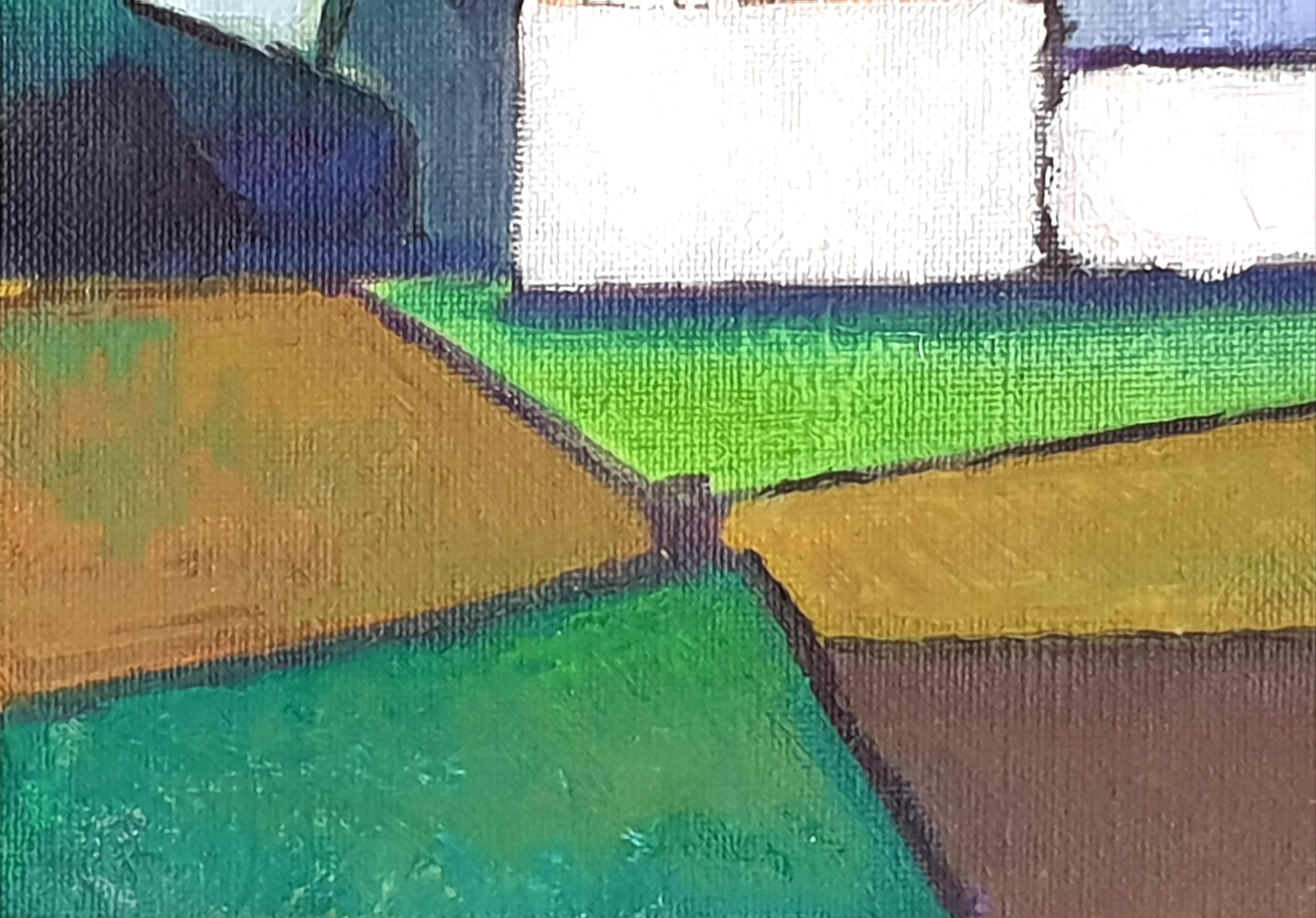 Danish Mid-Century Colourfield Oil on Board of a House in a Landscape. 1