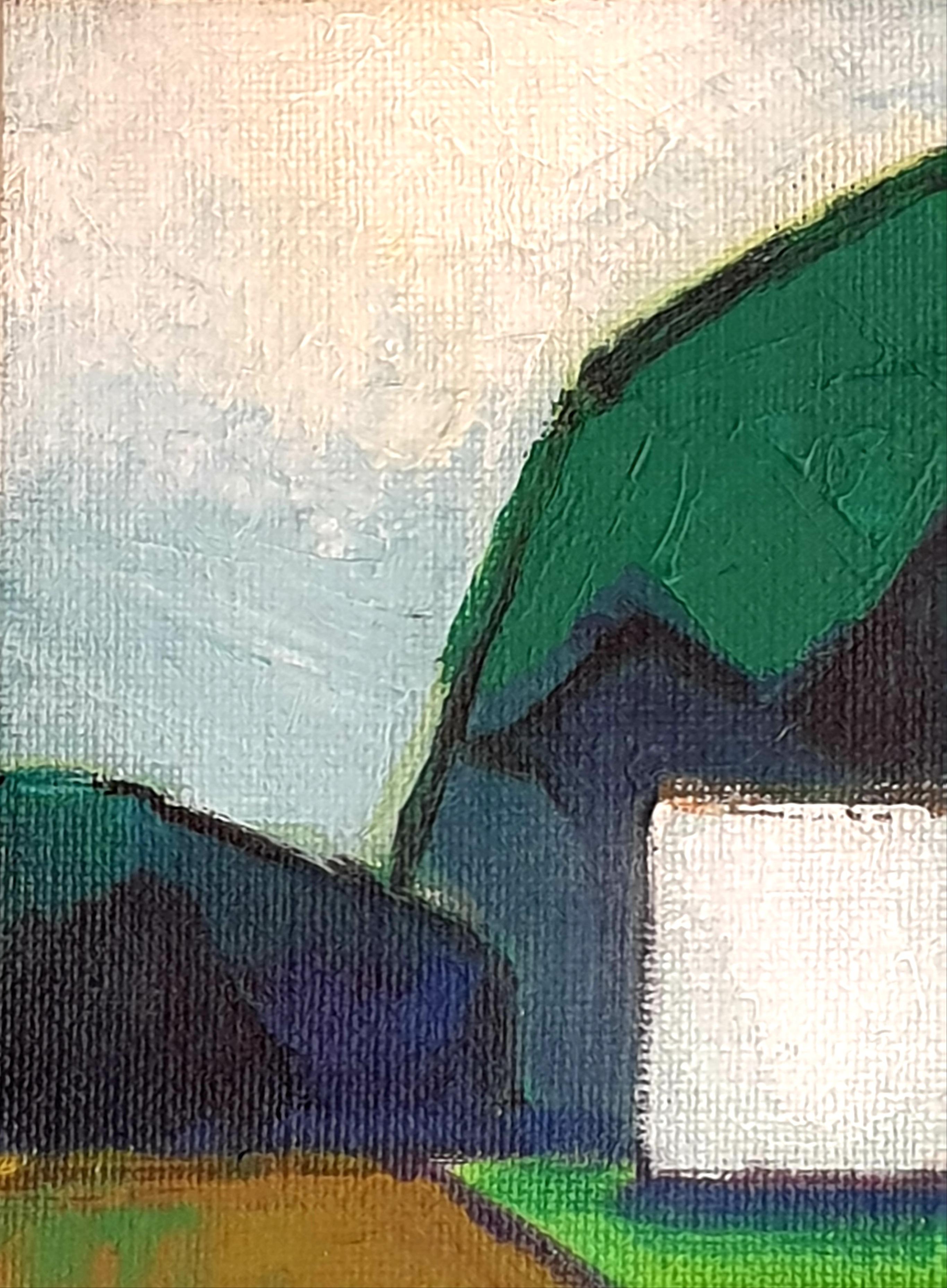 Danish Mid-Century Colourfield Oil on Board of a House in a Landscape. 2