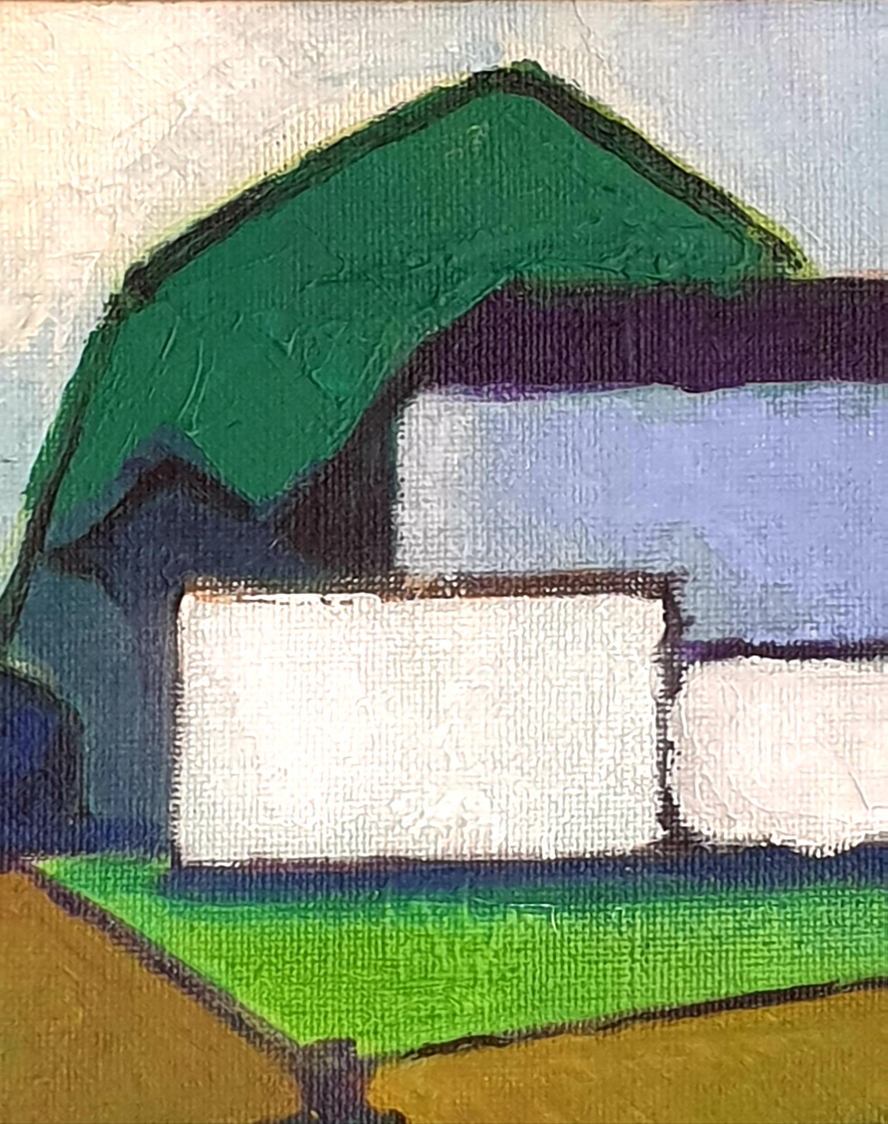 Danish Mid-Century Colourfield Oil on Board of a House in a Landscape. 3