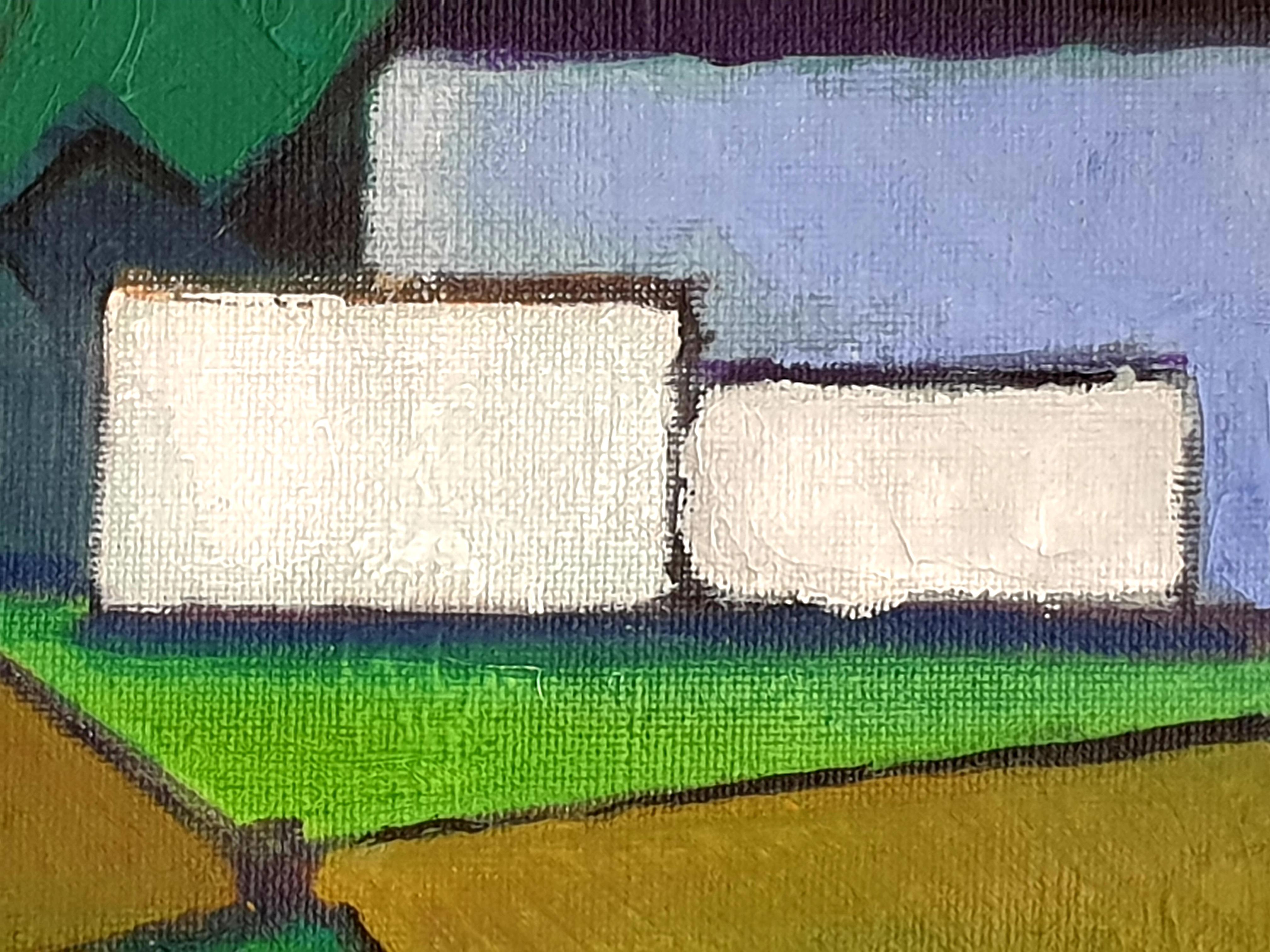 Danish Mid-Century Colourfield Oil on Board of a House in a Landscape. 4
