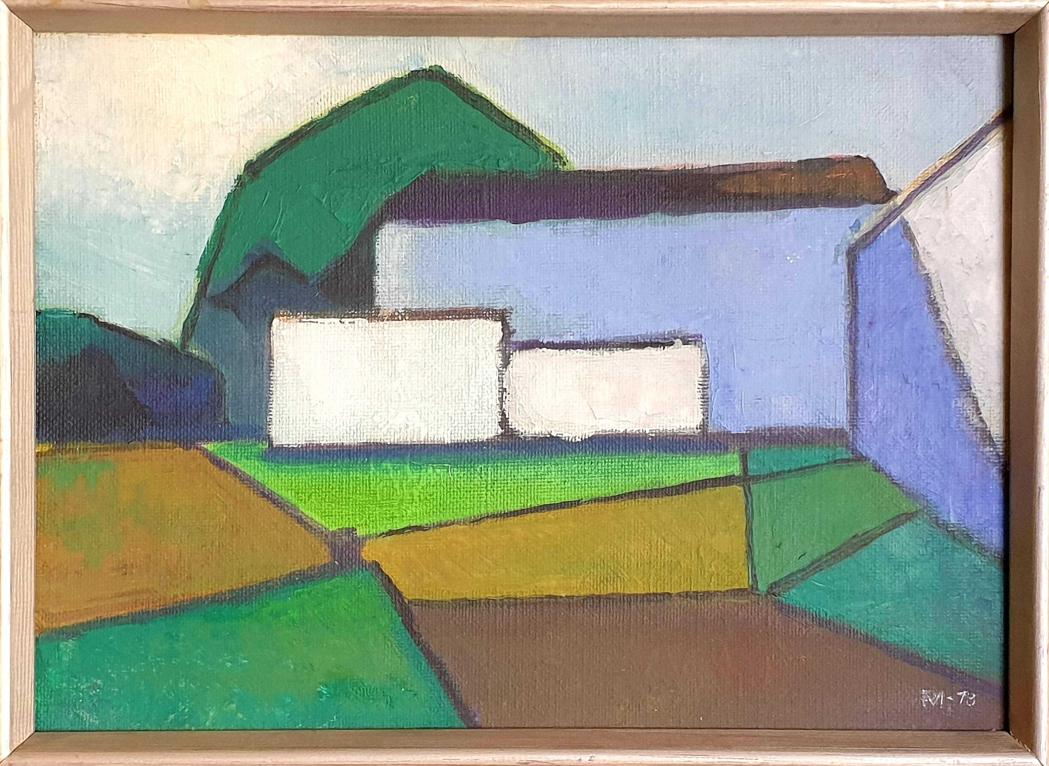 Poul Møller Abstract Painting - Danish Mid-Century Colourfield Oil on Board of a House in a Landscape.