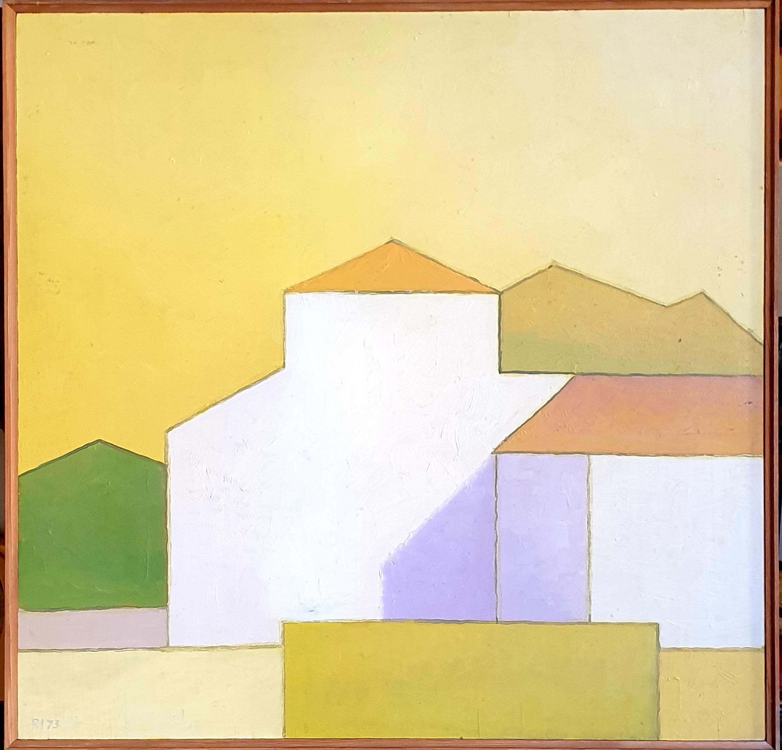 Poul Møller Abstract Painting - Danish Mid-Century Colourfield Oil on Board of a House in a Landscape.