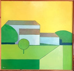 Huile sur carton danoise du milieu du siècle représentant une maison dans un paysage.