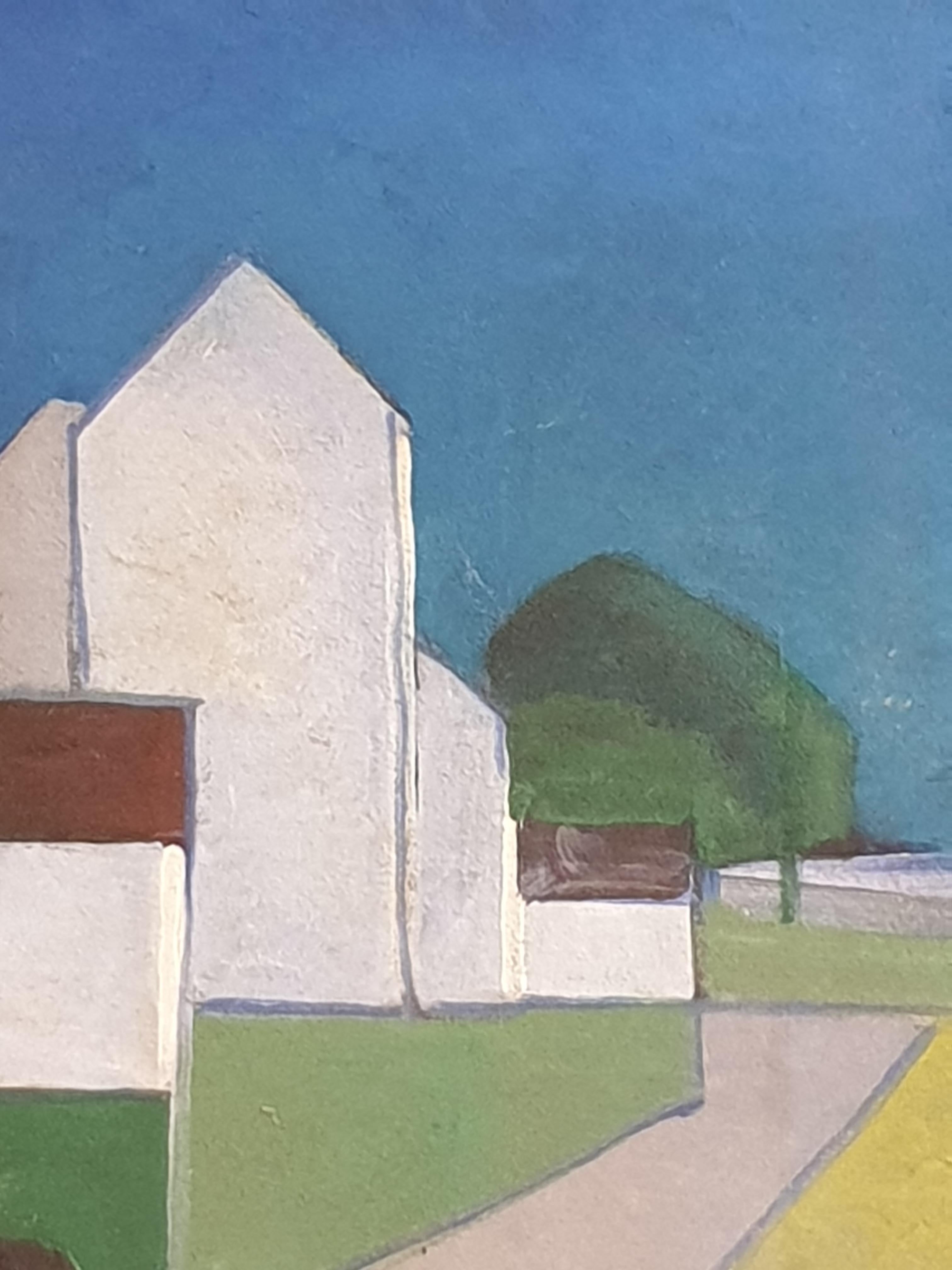 Danish Mid-Century Colourfield Oil on Board of Houses and People in a Landscape. For Sale 6