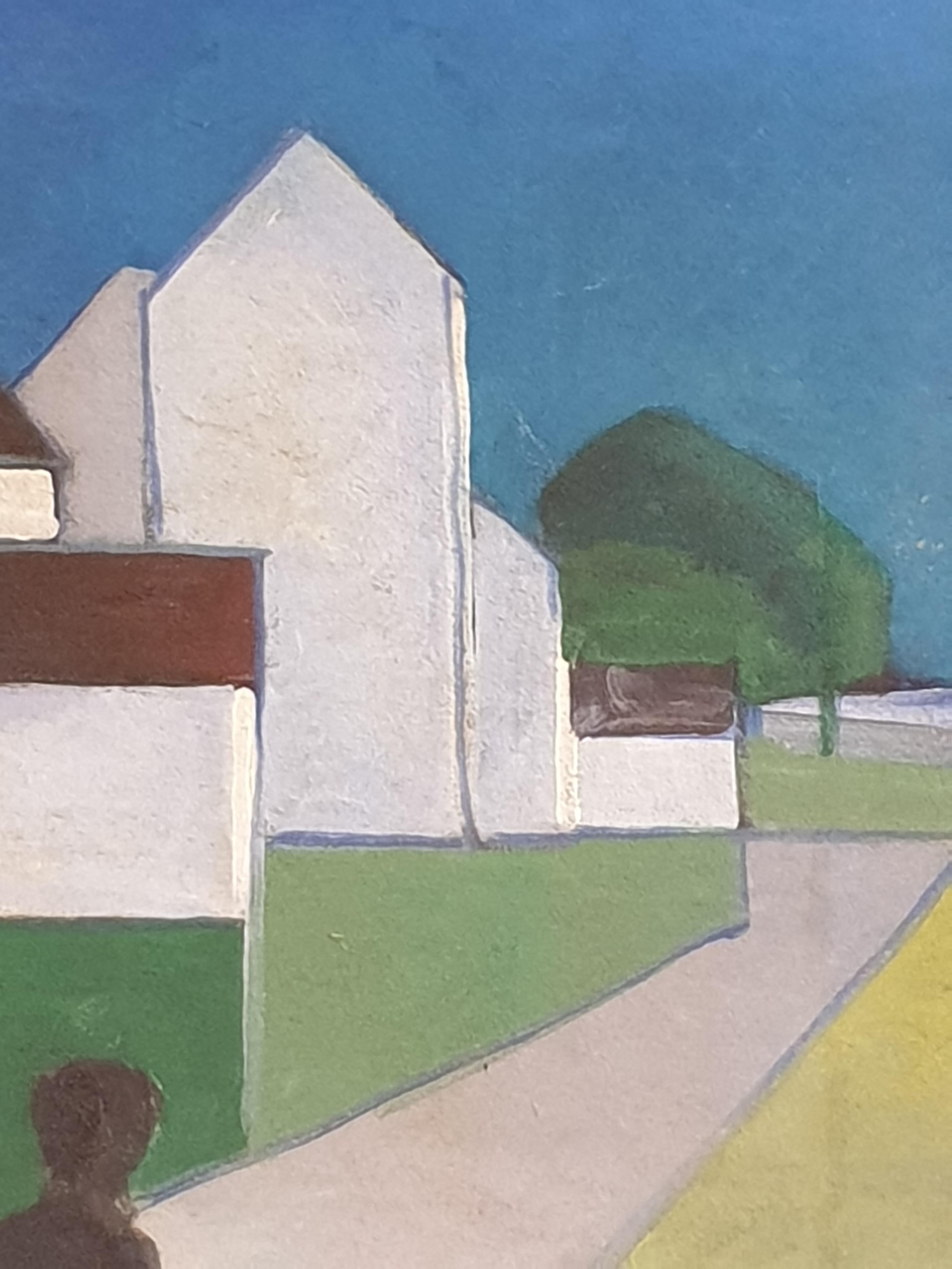 Danish Mid-Century Colourfield Oil on Board of Houses and People in a Landscape. - Color-Field Painting by Poul Møller