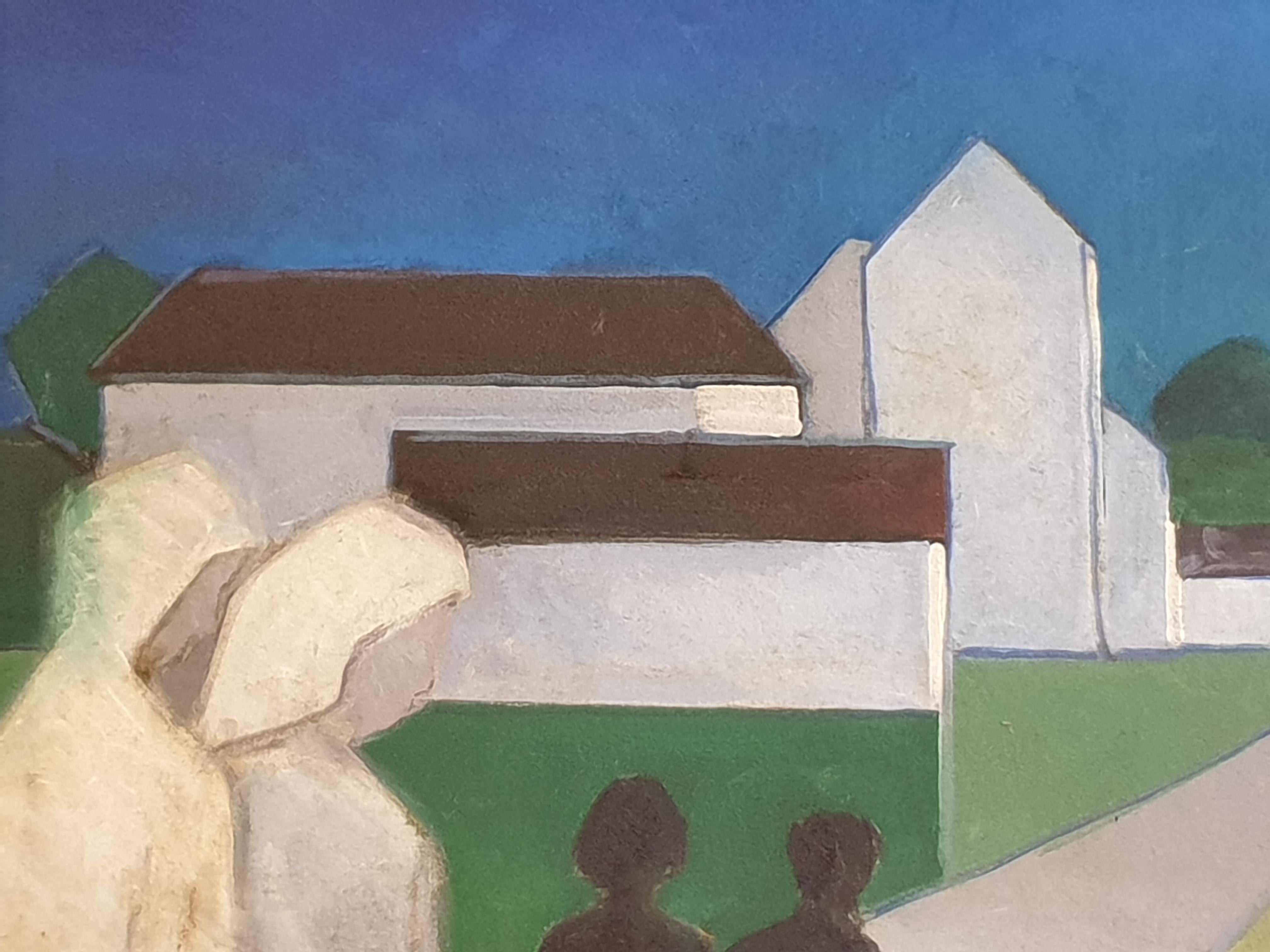 Peinture danoise à l'huile sur carton représentant des couples se frayant un chemin dans un paysage, par Poul Møller. Bien qu'il ne soit pas signé, le tableau porte une étiquette datée de l'artiste sur le côté du cadre. Présenté dans un cadre en