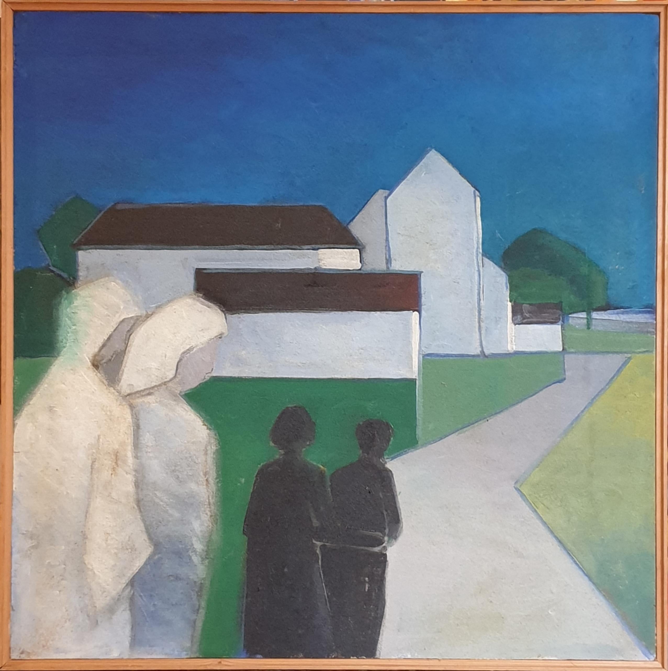 Figurative Painting Poul Møller - Huile sur carton danoise du milieu du siècle représentant des maisons et des personnages dans un paysage.