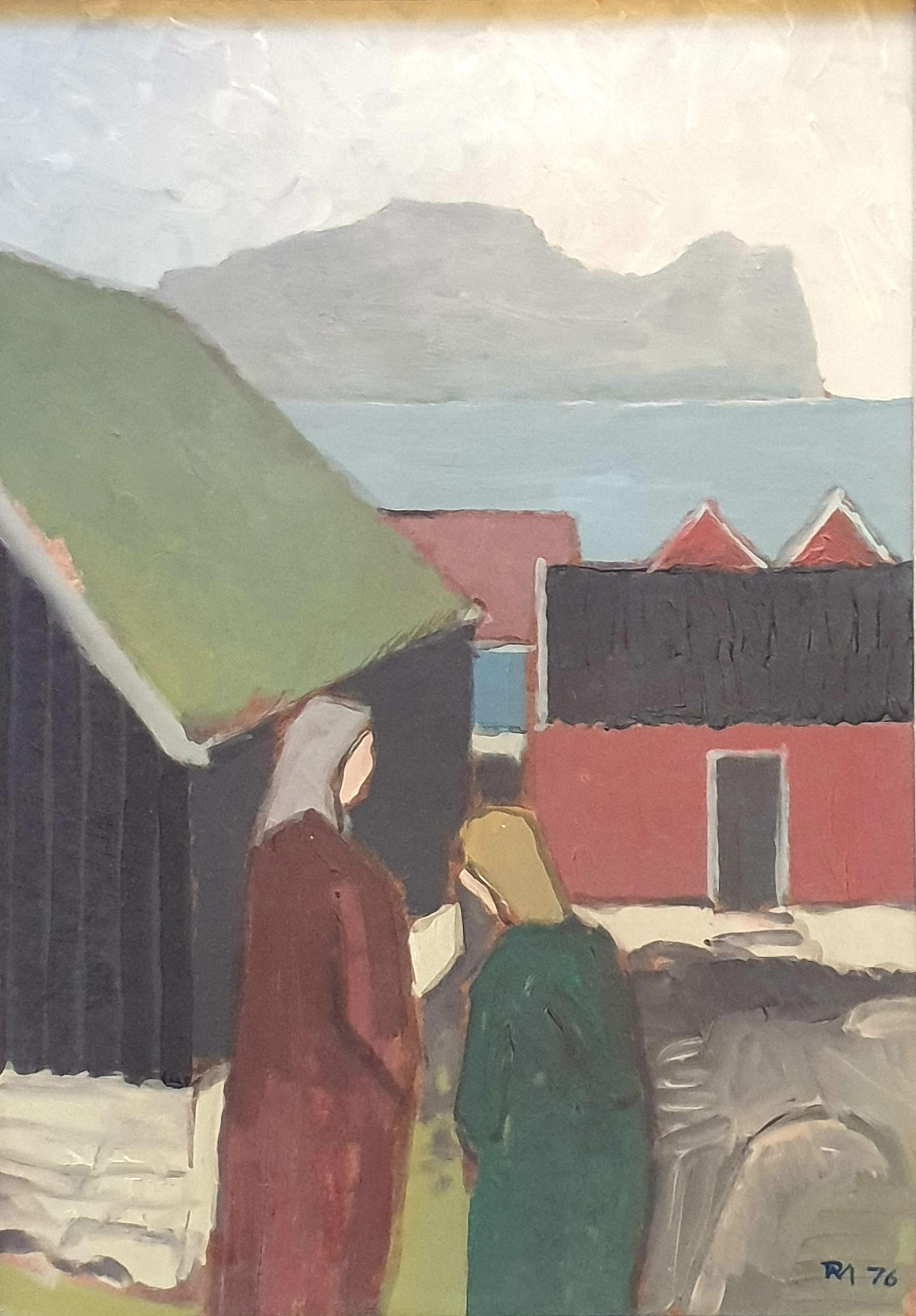 Huile sur carton danoise du milieu du siècle représentant des gens et des maisons au bord de la mer. en vente 7