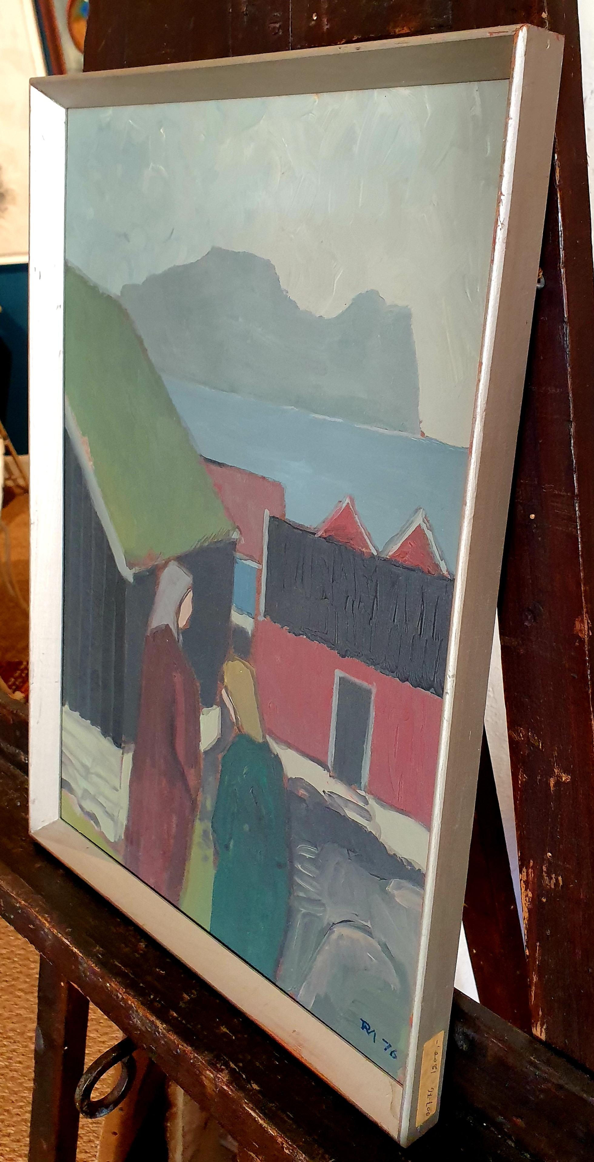 Danish Mid-Century Colourfield Oil on Board of People and Houses by the Coast. For Sale 8