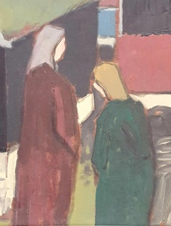 Danish Mid-Century Colourfield Oil on Board of People and Houses by the Coast.