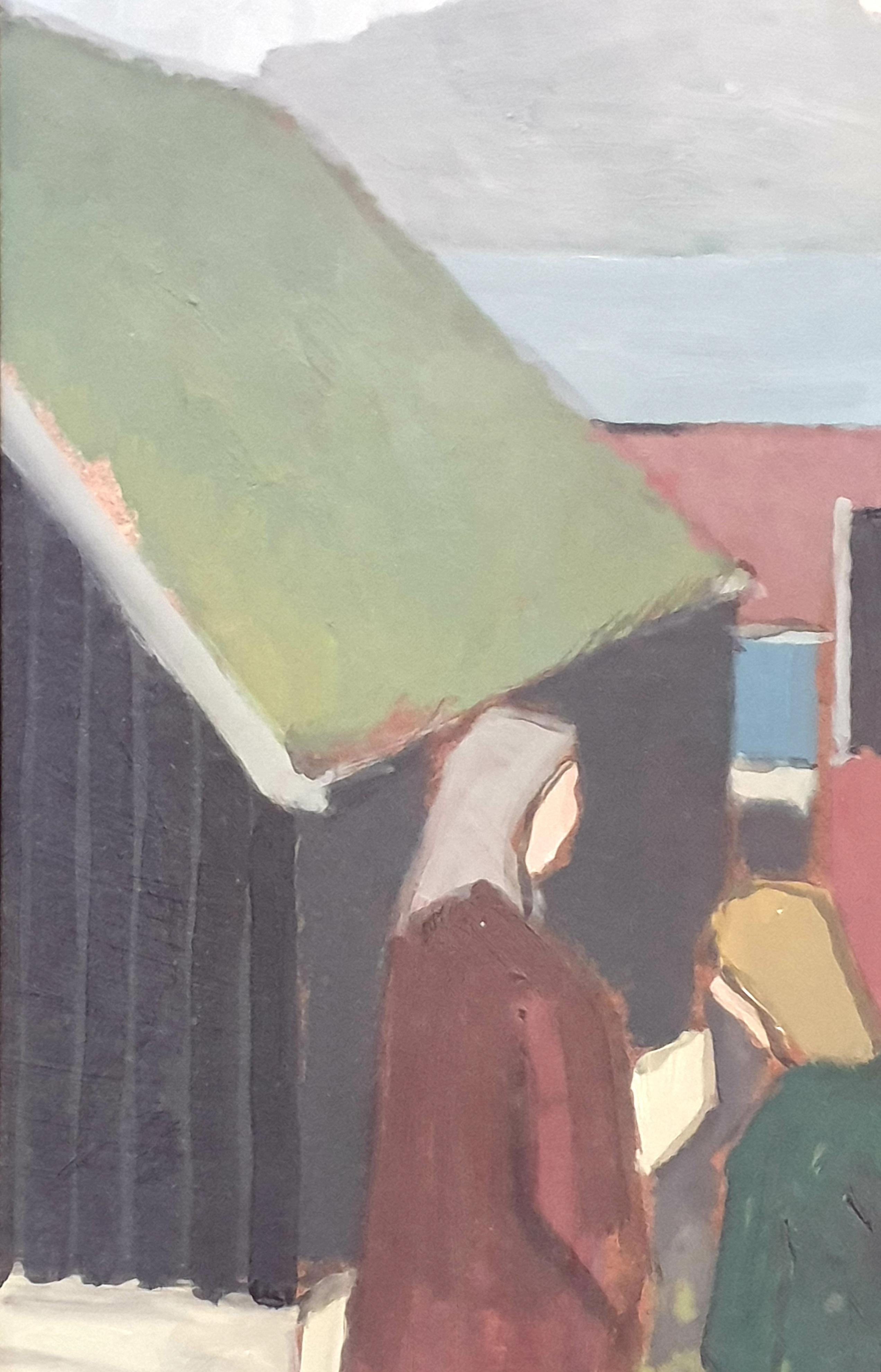 Huile sur carton danoise du milieu du siècle représentant des gens et des maisons au bord de la mer. - Colorfield Painting par Poul Møller