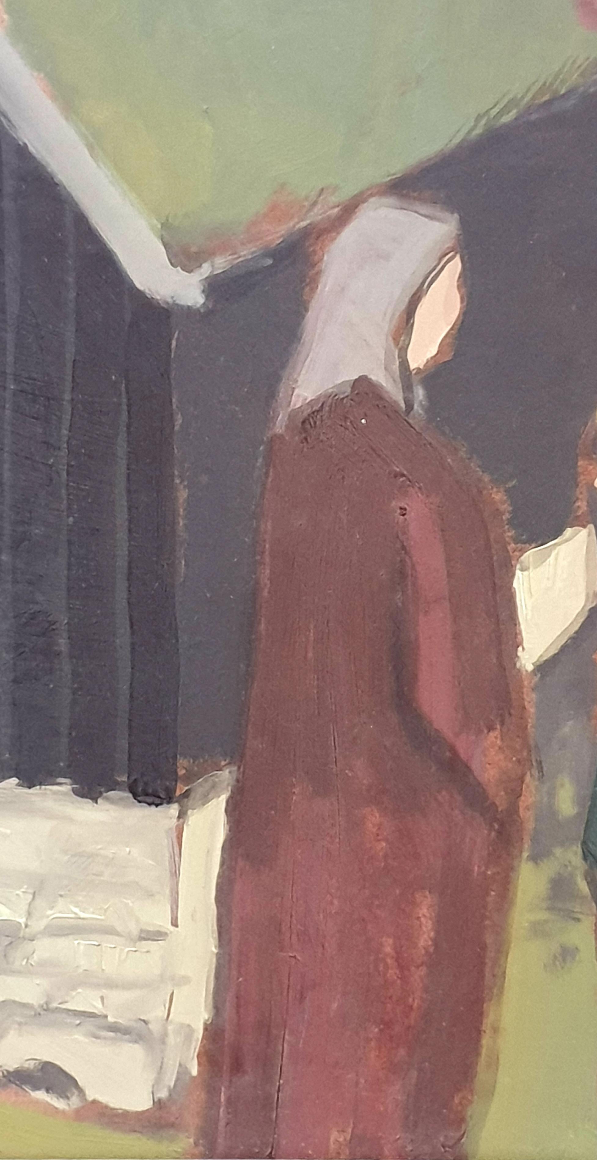 Peinture danoise à l'huile sur carton représentant deux femmes rentrant chez elles dans un paysage côtier, par Poul Møller. Le tableau est signé PM et daté de 76 dans le coin inférieur droit. Au verso  une étiquette indique le numéro