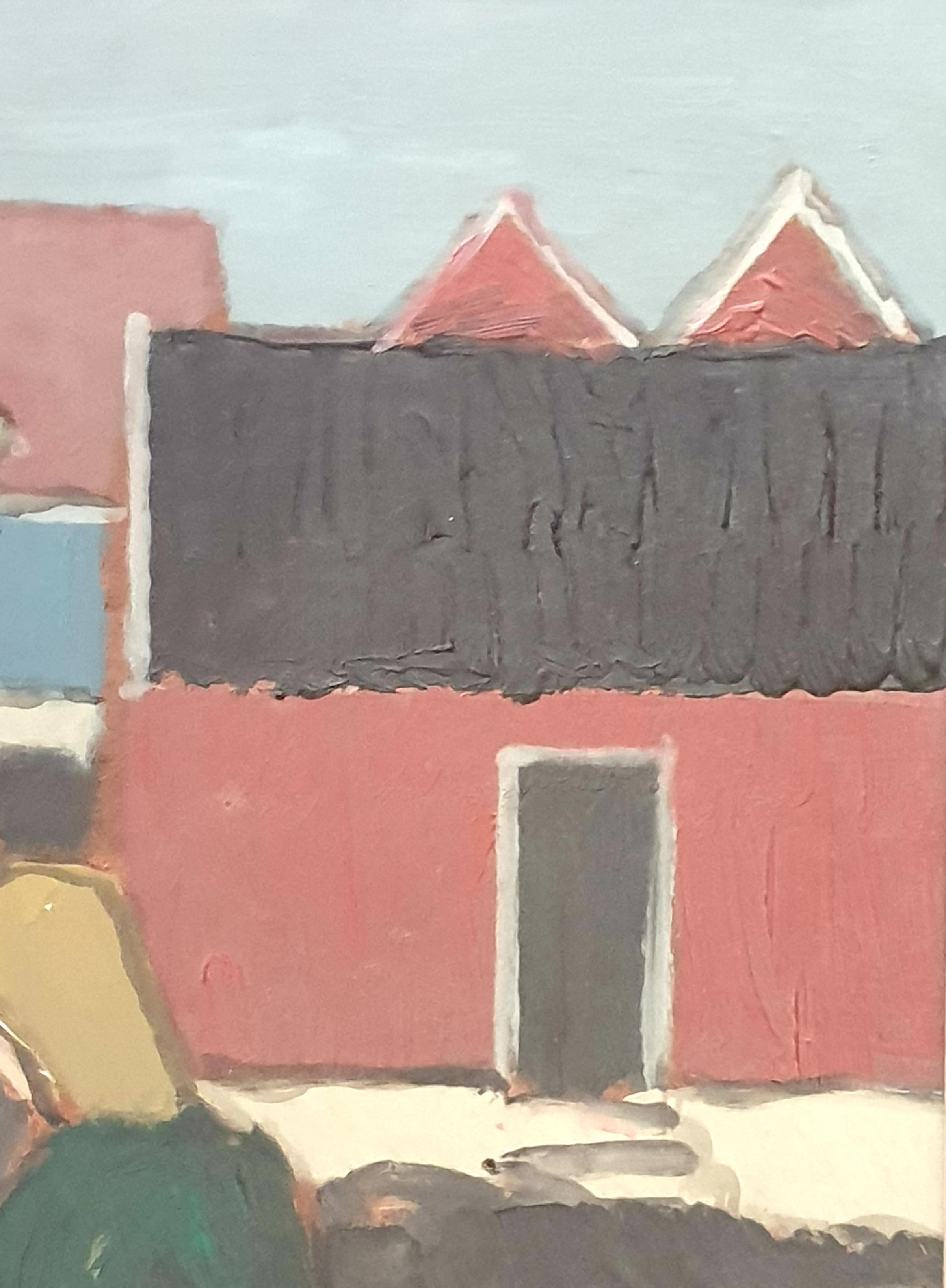 Danish Mid-Century Colourfield Oil on Board of People and Houses by the Coast. For Sale 2