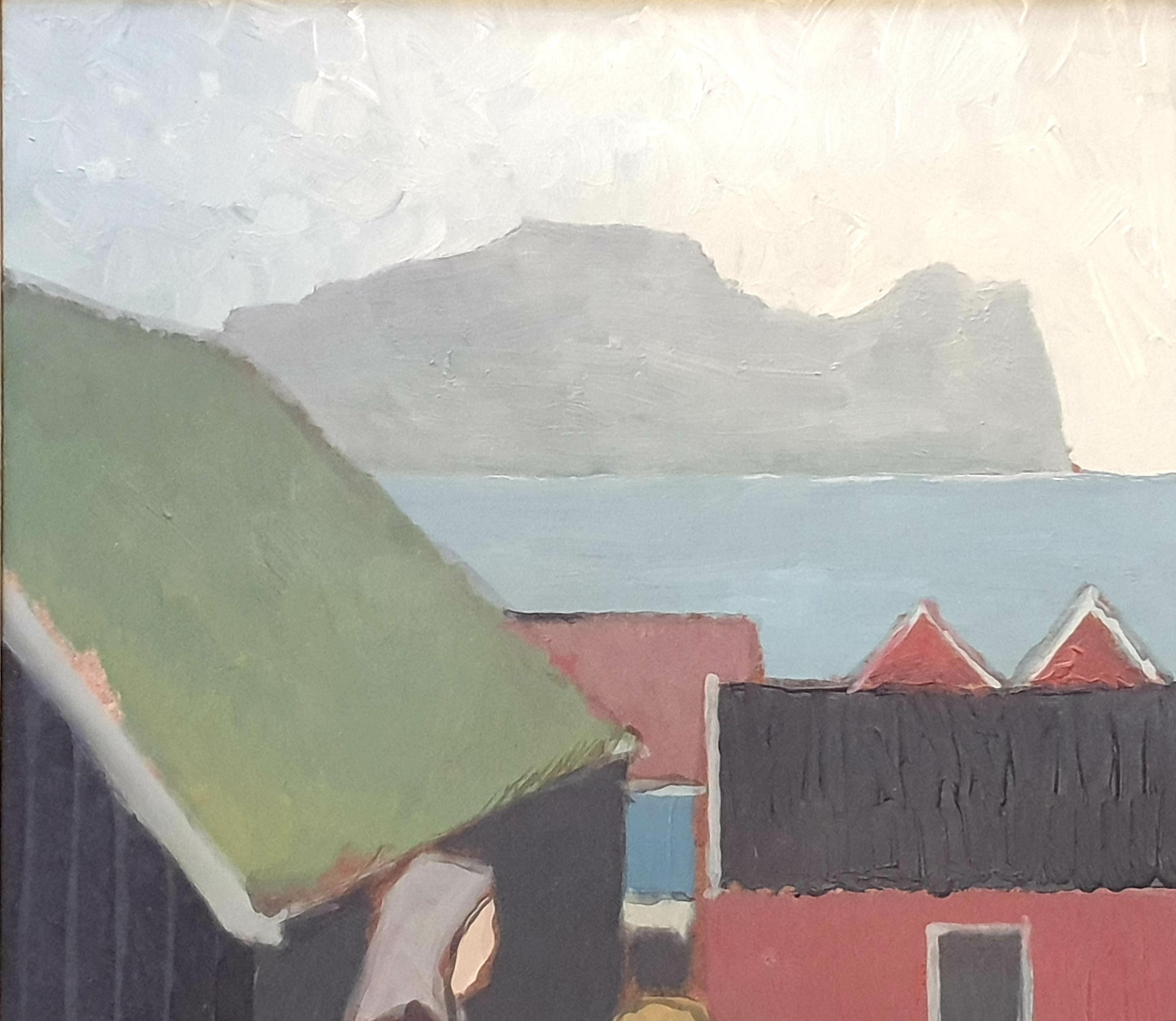 Huile sur carton danoise du milieu du siècle représentant des gens et des maisons au bord de la mer. en vente 3