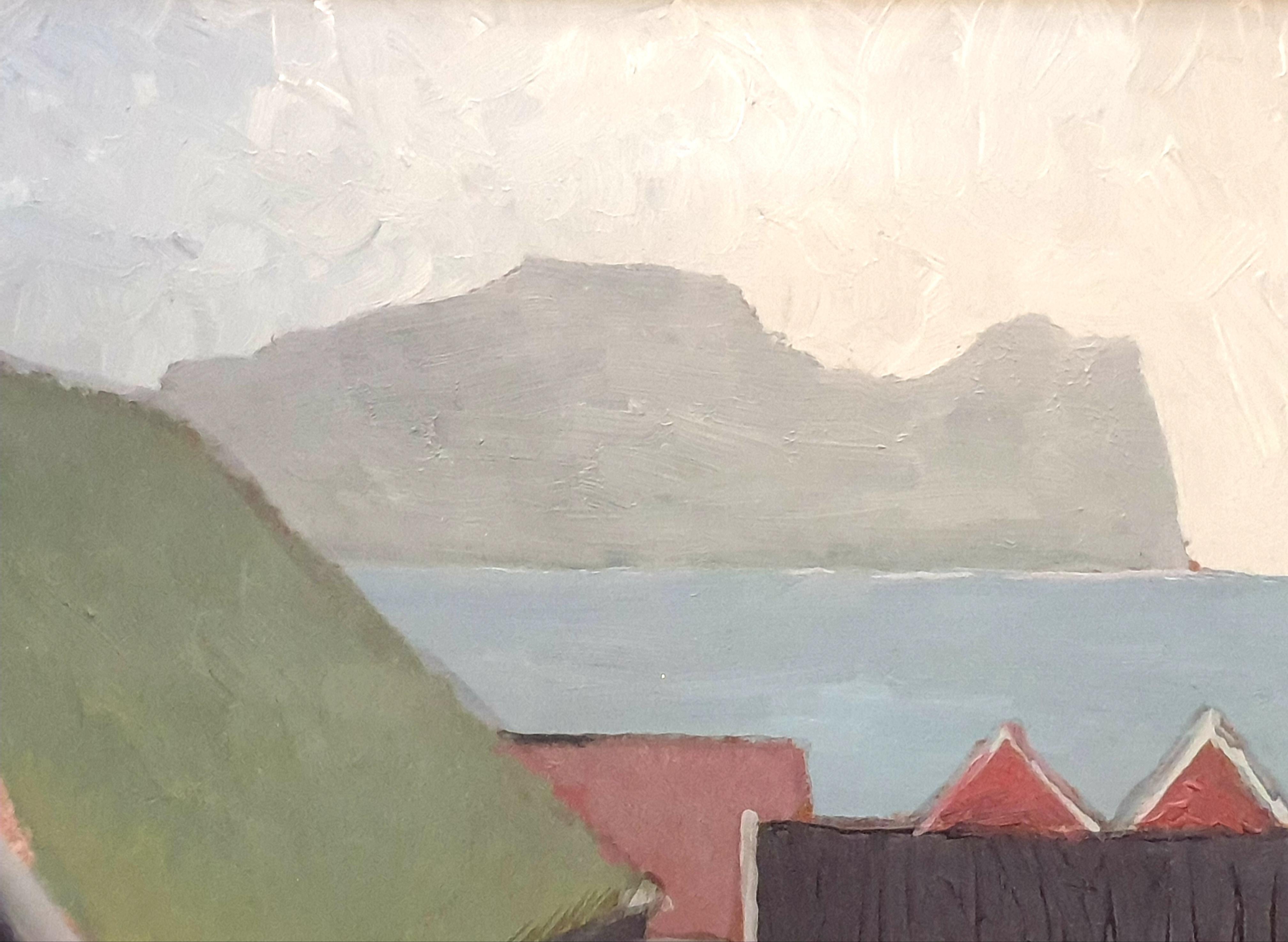 Danish Mid-Century Colourfield Oil on Board of People and Houses by the Coast. For Sale 4