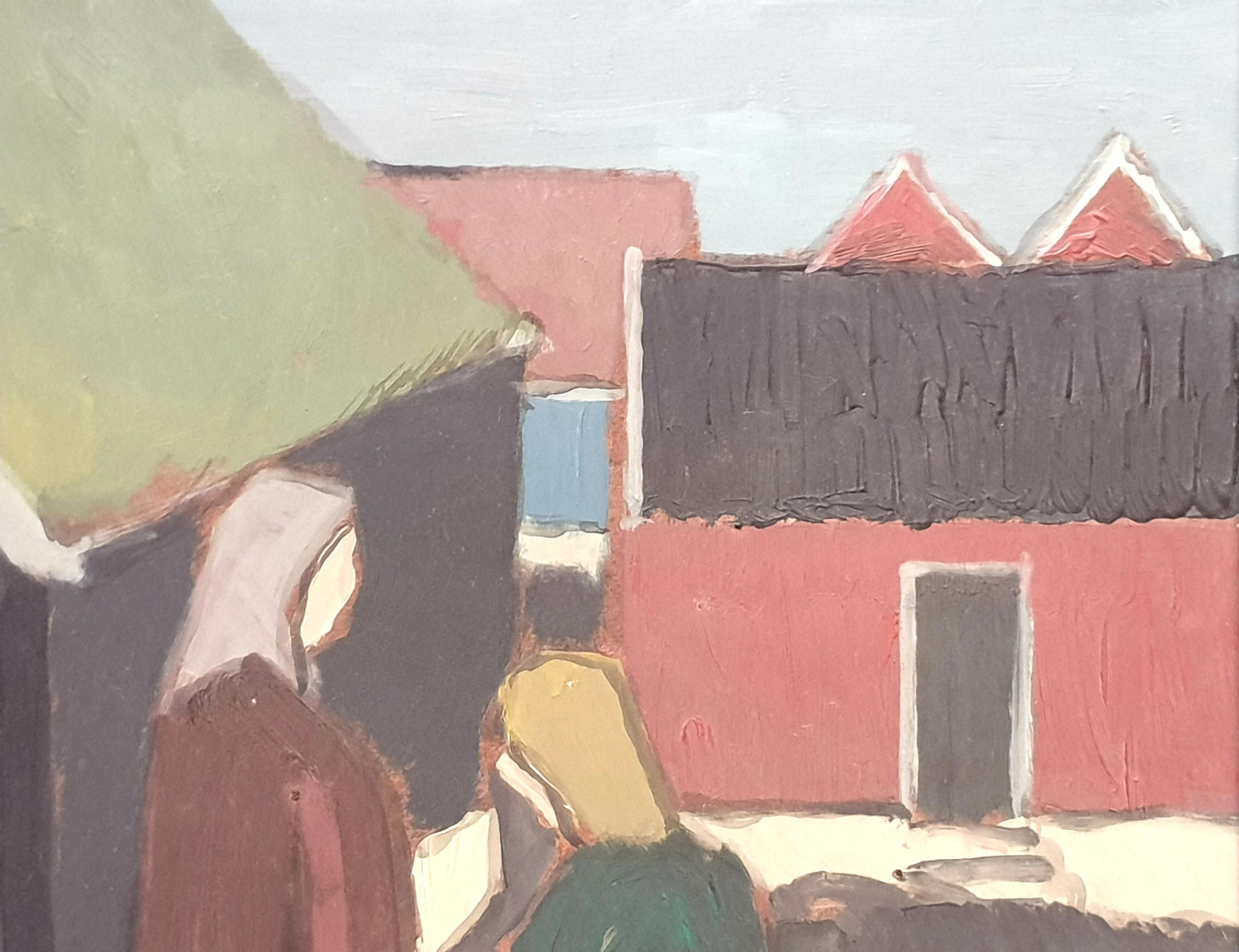 Danish Mid-Century Colourfield Oil on Board of People and Houses by the Coast. For Sale 5