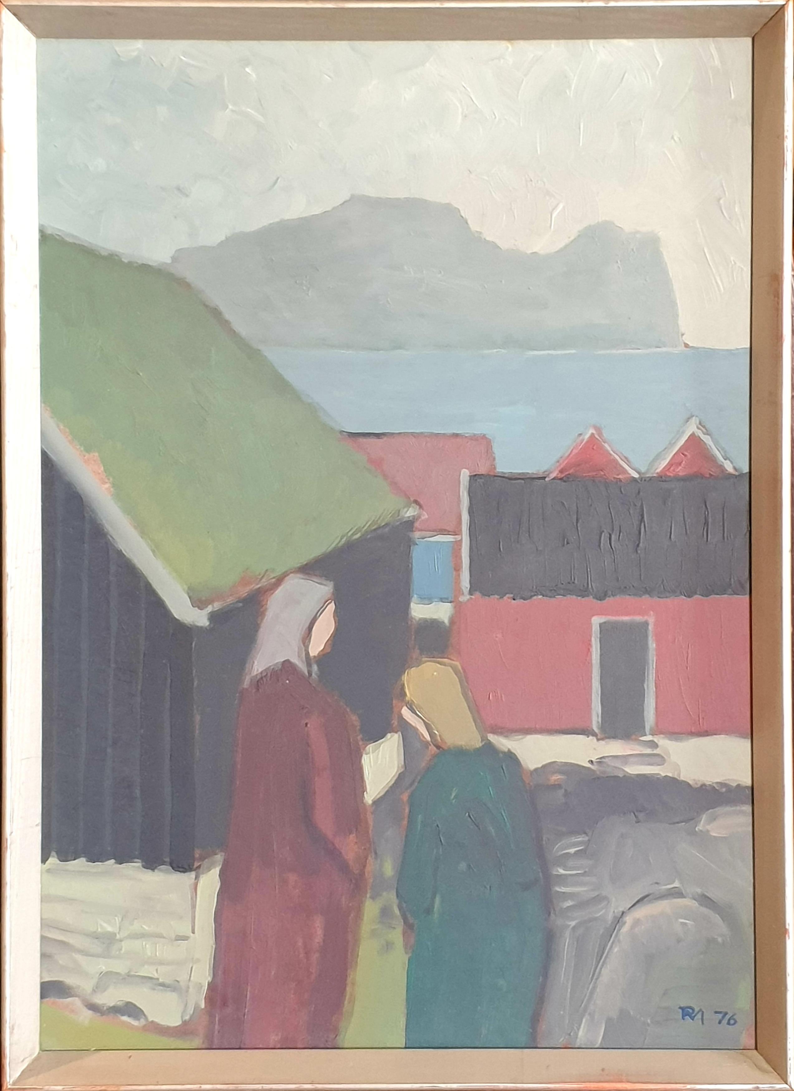 Huile sur carton danoise du milieu du siècle représentant des gens et des maisons au bord de la mer.