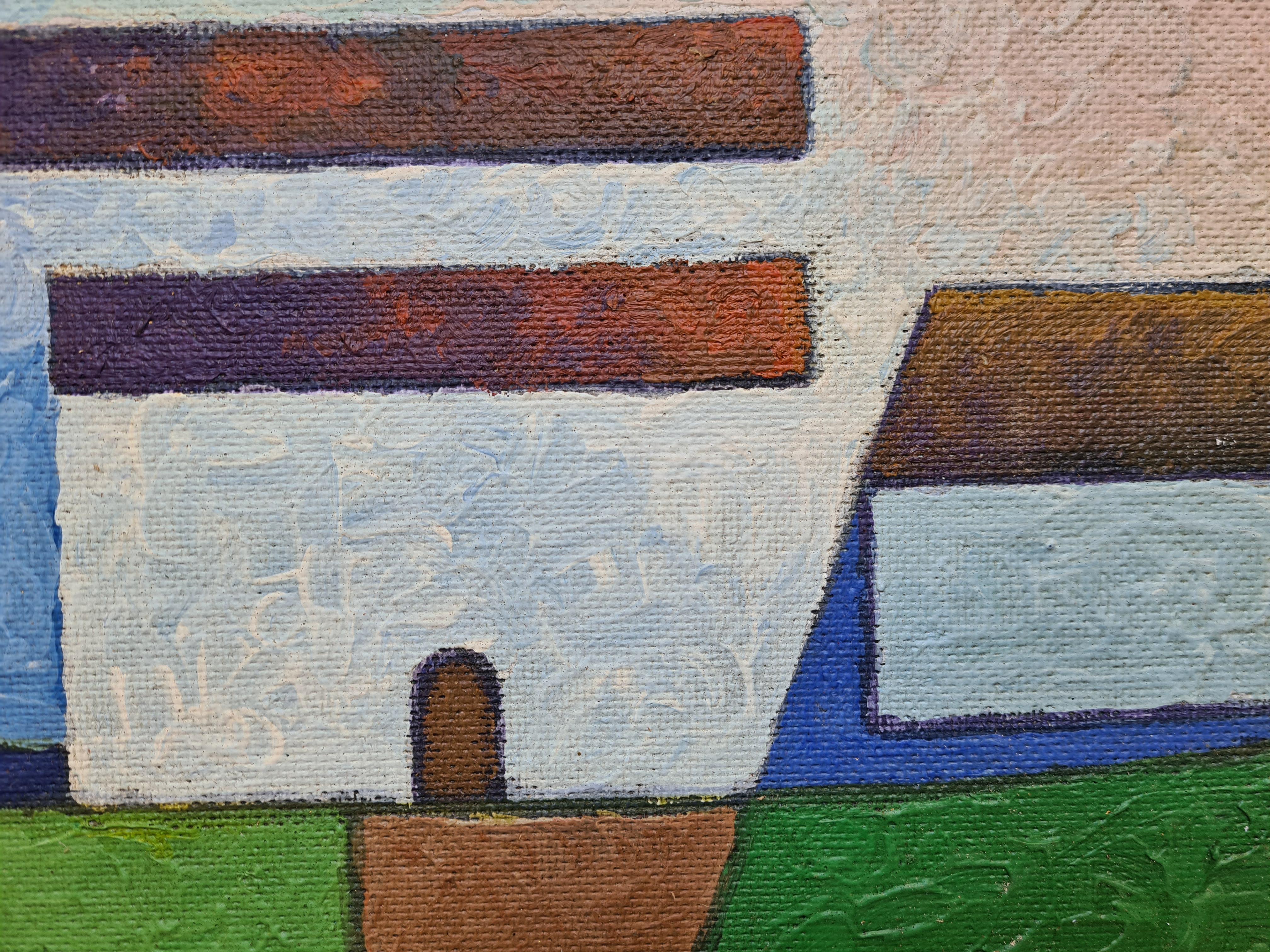 Mid Century Danish Colourfield Buildings in a Landscape  - Painting by Poul Møller