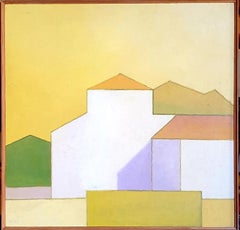 Set of 3 Danish Mid-Century Colourfield Oils on Board of Houses in a  Landscape.