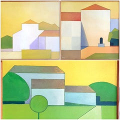 Set of 3 Danish Mid-Century Colourfield Oils on Board of Houses in a  Landscape.
