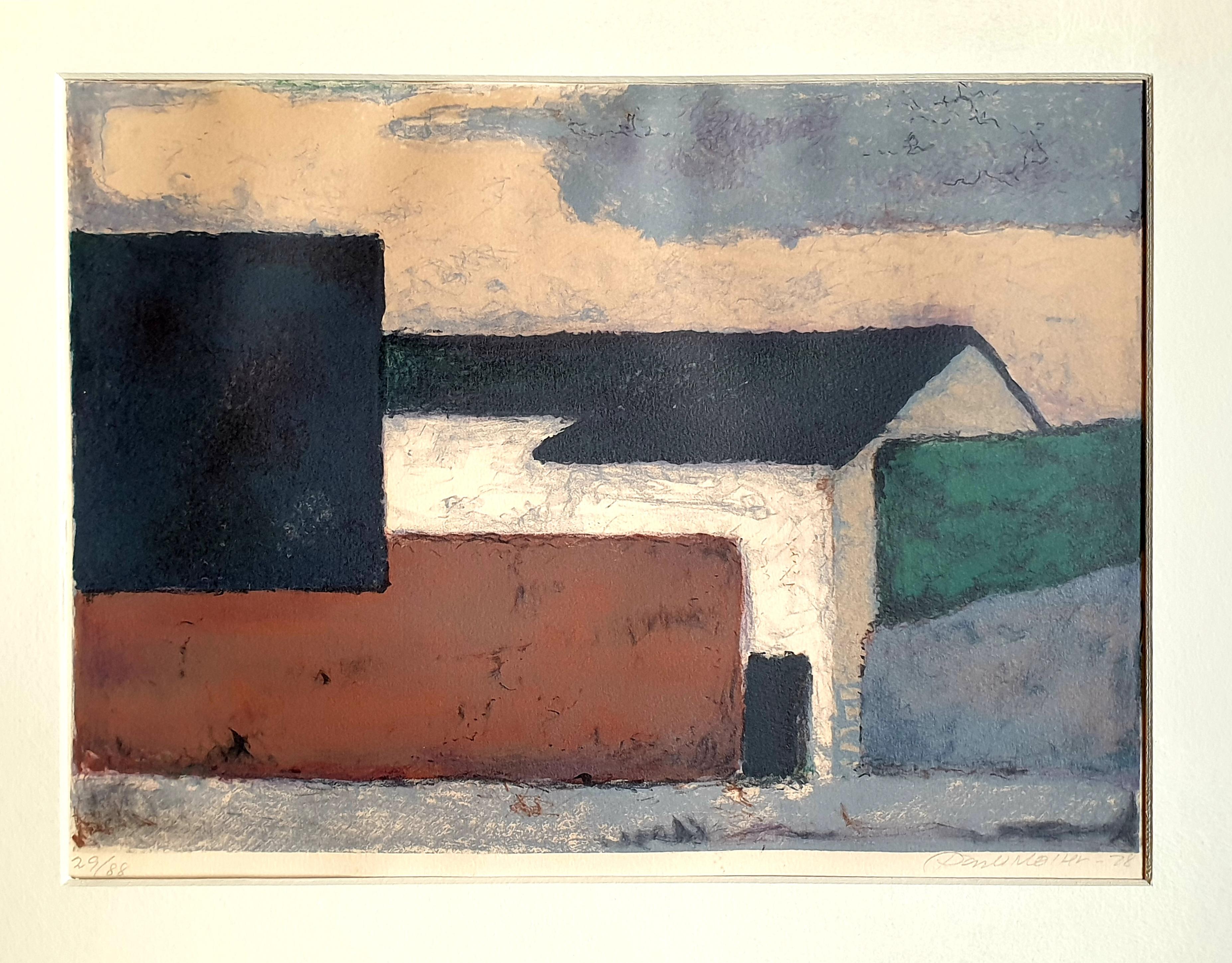 Mid-Century Danish Colour-Field Cubist House in a Landscape. - Print by Poul Møller