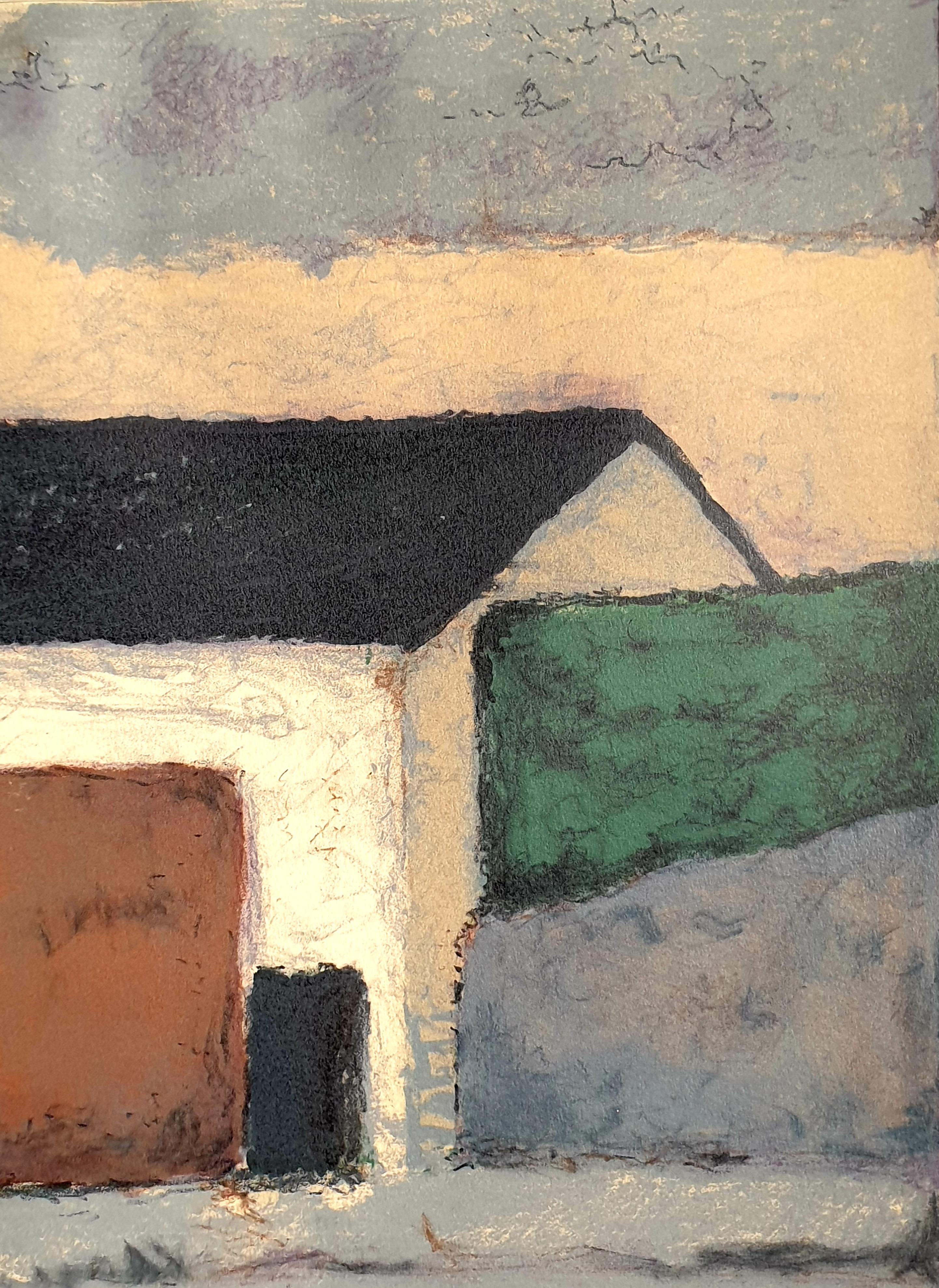 Danish color-field lithograph of a house in a landscape by Poul Møller. The work is pencil signed bottom right and dated '78. The lithograph is annotated 29/88 bottom left.  Presented in a plain gold patinated wooden tray frame.

Provenance: