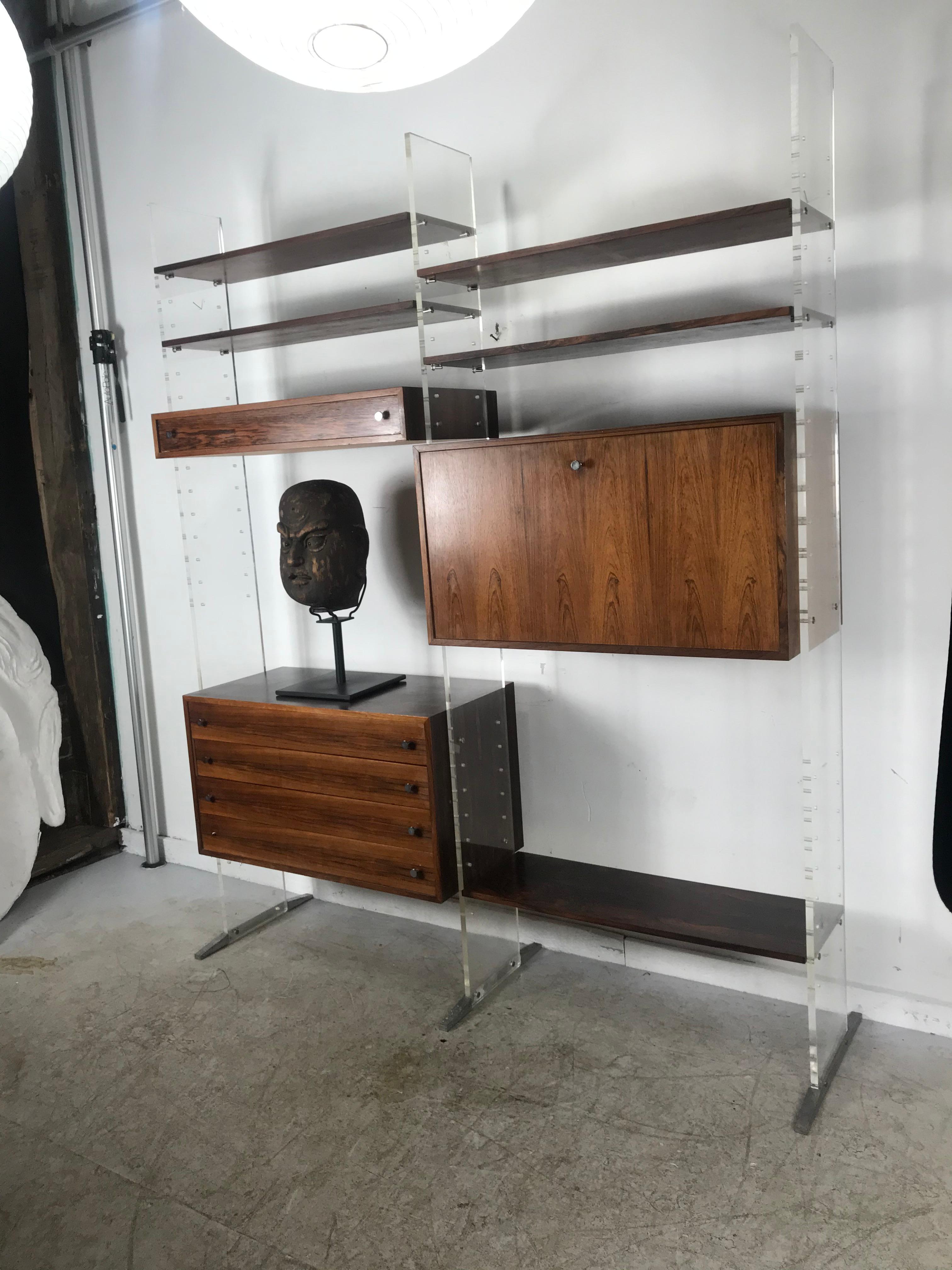Aluminum Poul Nørreklit Wall Unit in Plexiglass / Lucite and Rosewood, Denmark, 1960s For Sale