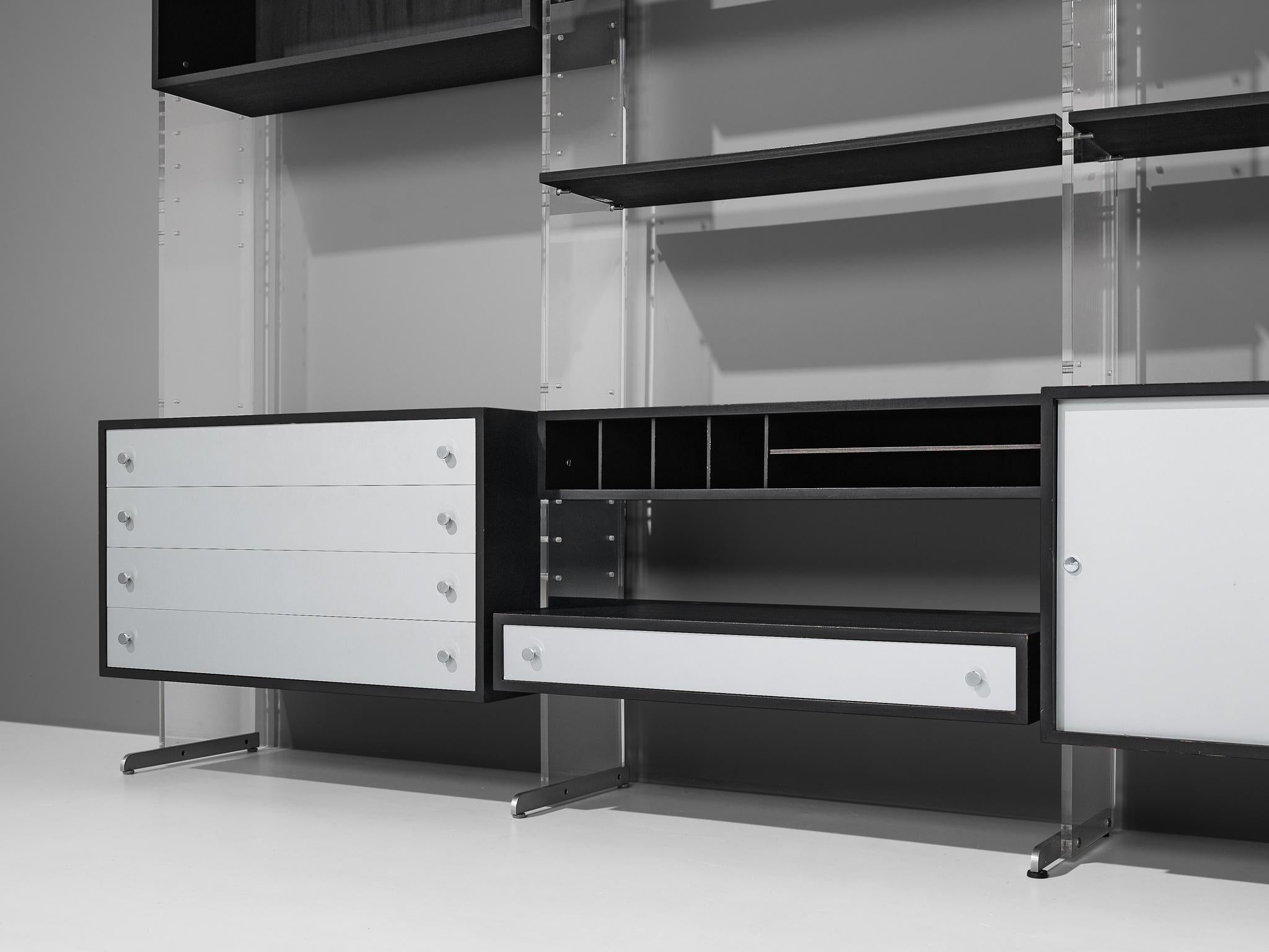 Scandinavian Modern Poul Nørreklit Wall Unit in Plexiglass, Aluminum and Black Lacquered Wood