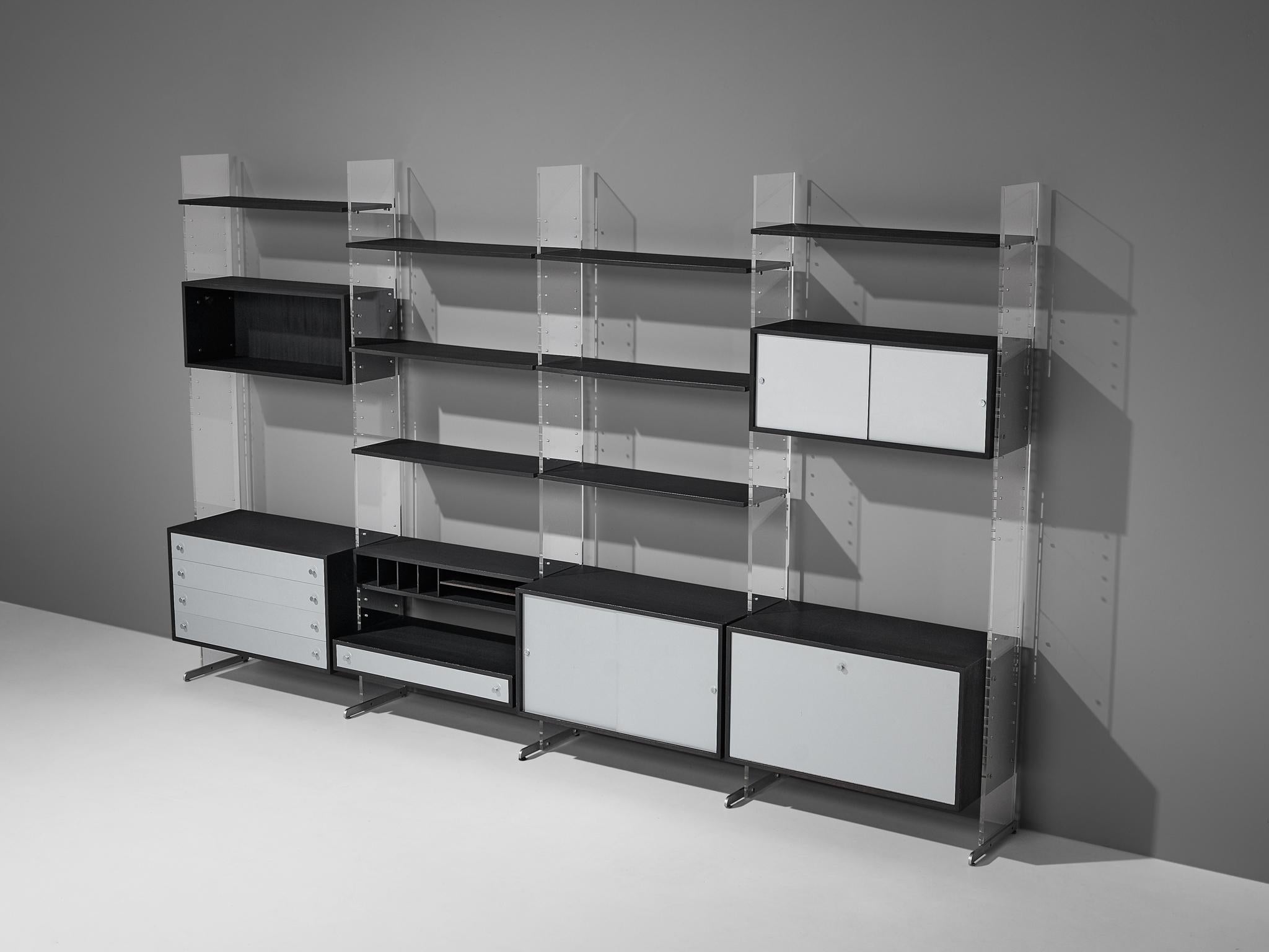 Danish Poul Nørreklit Wall Unit in Plexiglass, Aluminum and Black Lacquered Wood