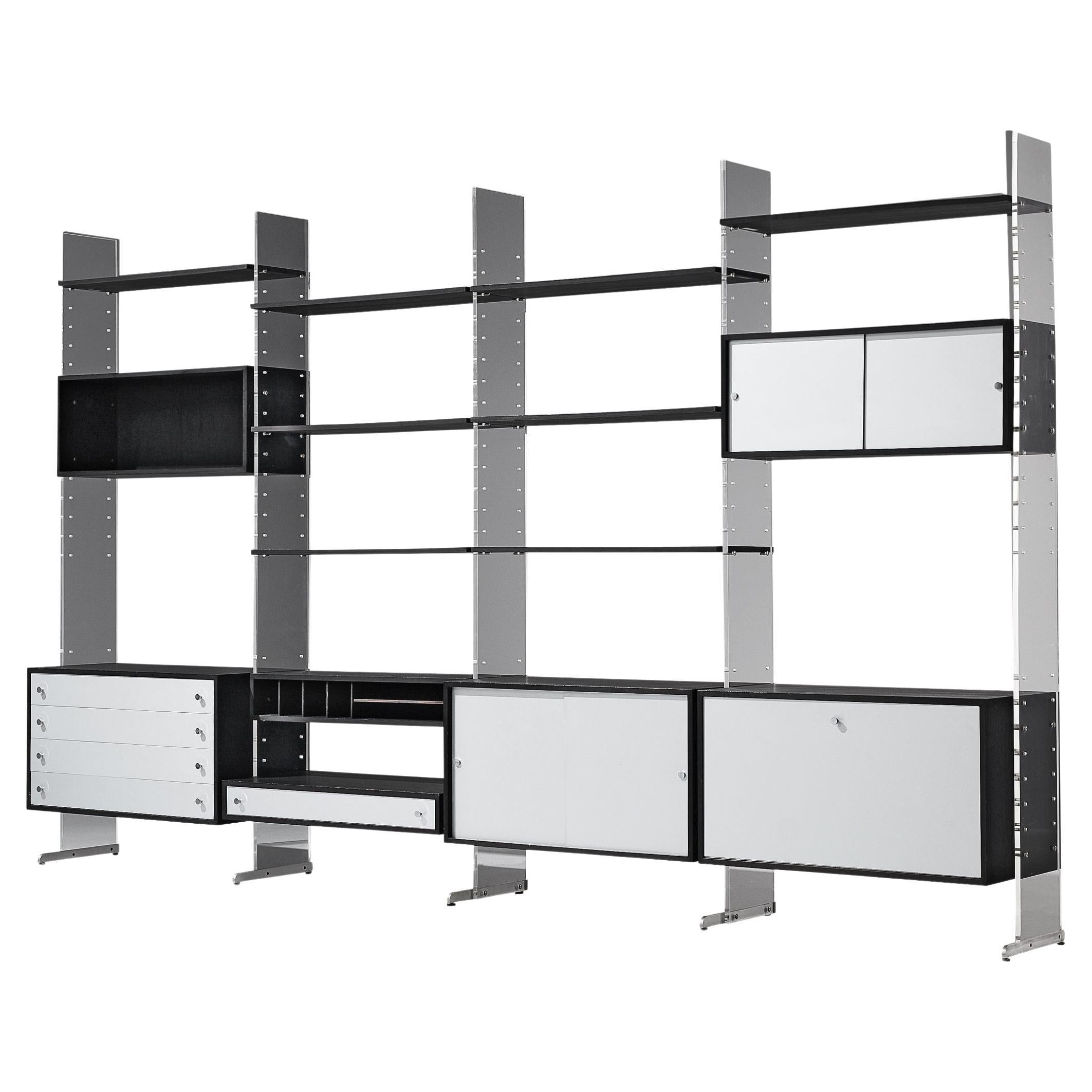 Poul Nørreklit Wall Unit in Plexiglass, Aluminum and Black Lacquered Wood