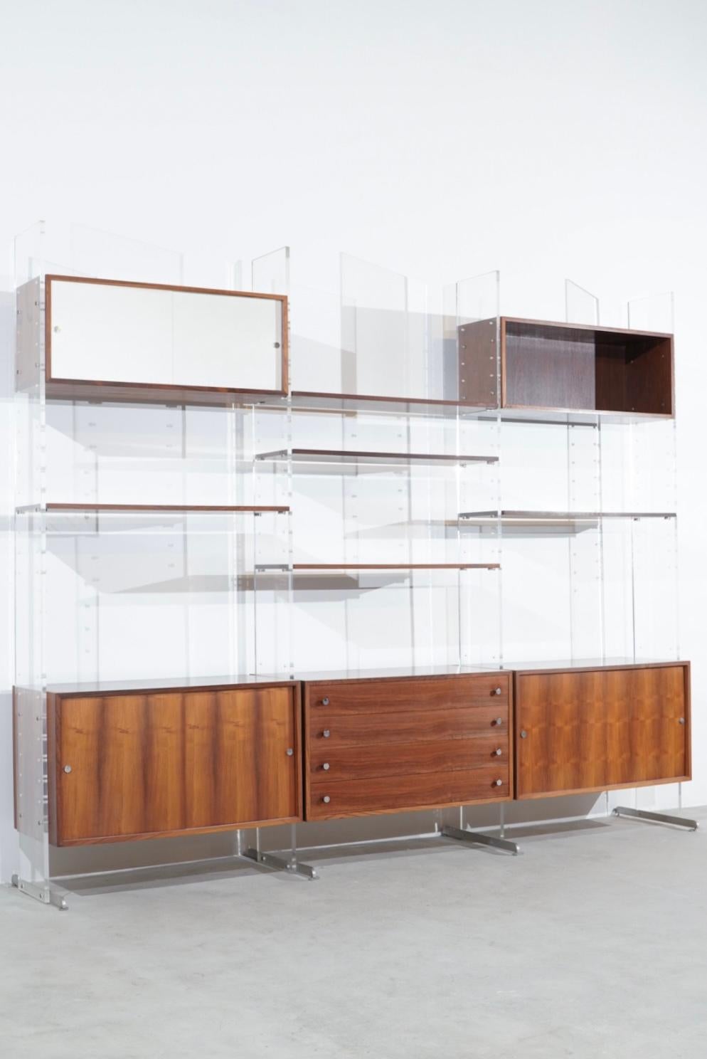 Mid-Century Modern Poul Nørreklit Modular Freestanding Bookcase Cabinet Plexiglass Rosewood   For Sale