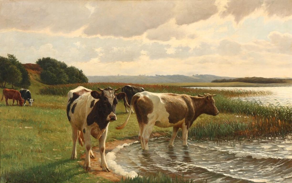 Poul Steffensen: Landscape with mottled cows. Signed Poul Steffensen. Oil on canvas, circa 1910, Denmark. Measures: 65 × 103 cm.

It is not surprise that the painter is known for his realistic landscapes and animal paintings. Poul Steffensen