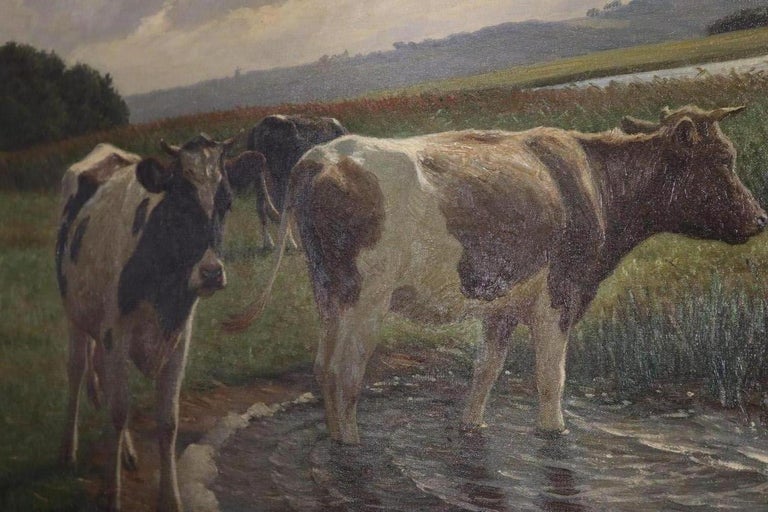 Hand-Painted Poul Steffensen Landscape with Mottled Cows, Signed Poul Steffensen For Sale