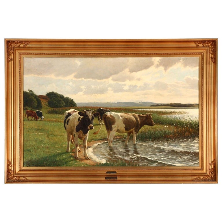Poul Steffensen Landscape with Mottled Cows, Signed Poul Steffensen For Sale