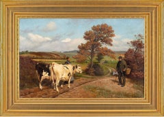 Antique Poul Steffensen, Landscape With Cattle & Figures, Oil Painting 
