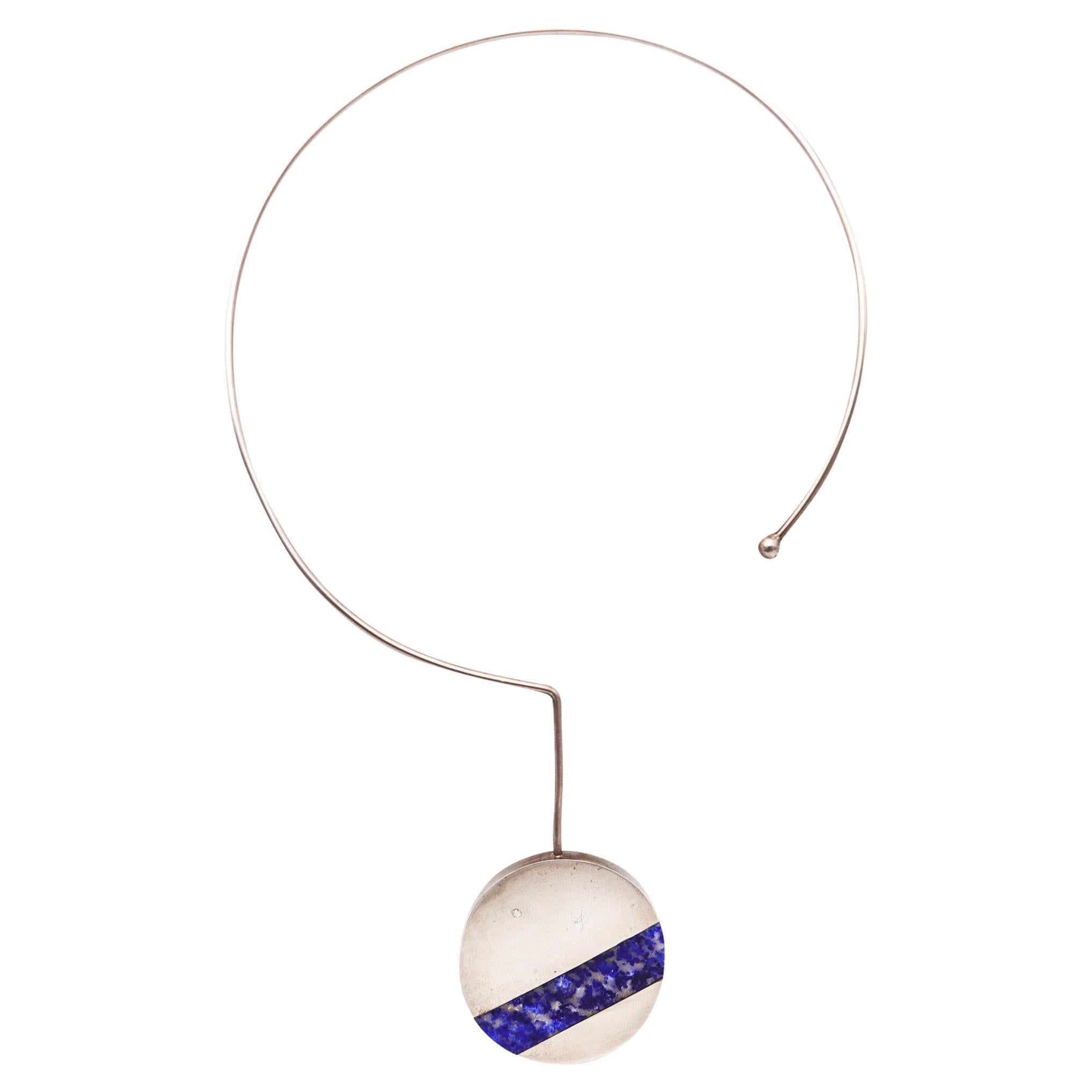 Poul Trige Sørresiig 1966 Denmark Wire Necklace 925 Sterling Silver and Sodalite For Sale